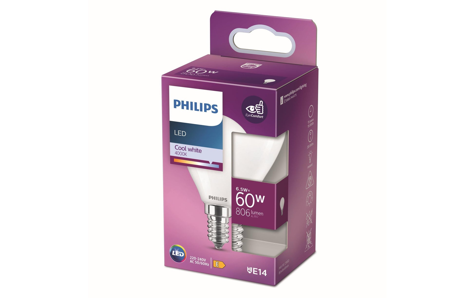 Philips by Signify Philips LED-Leuchtmittel E14 P45 – 806 lm, 6,5 W, Neutralweiss 4000 K – IP20 – 1 Stk. – Weiss, Glas