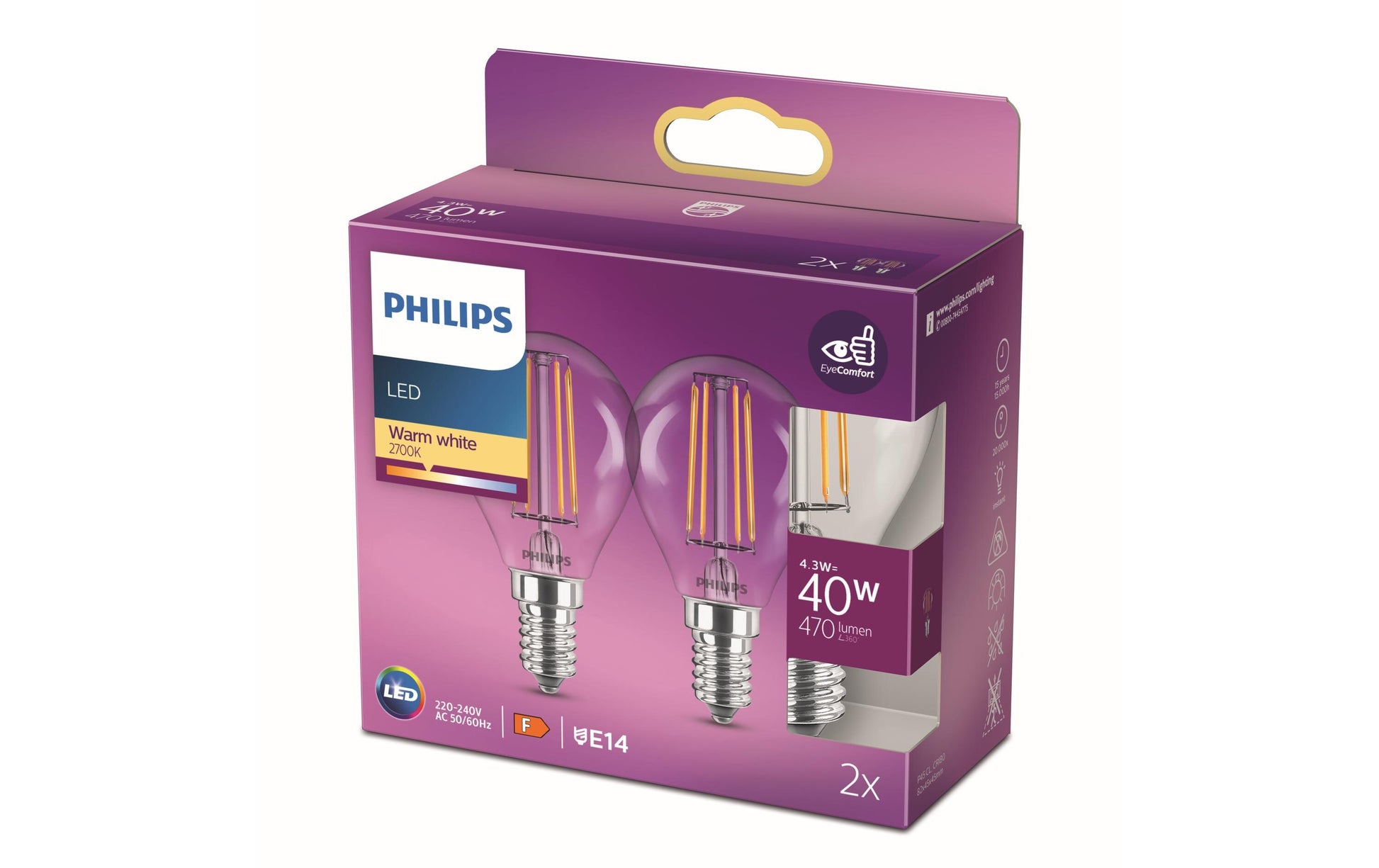 Philips by Signify Philips LED-Leuchtmittel E14 P45 – 470 lm, 4,3 W, Warmweiss 2700 K – 2 Stk. – Klar