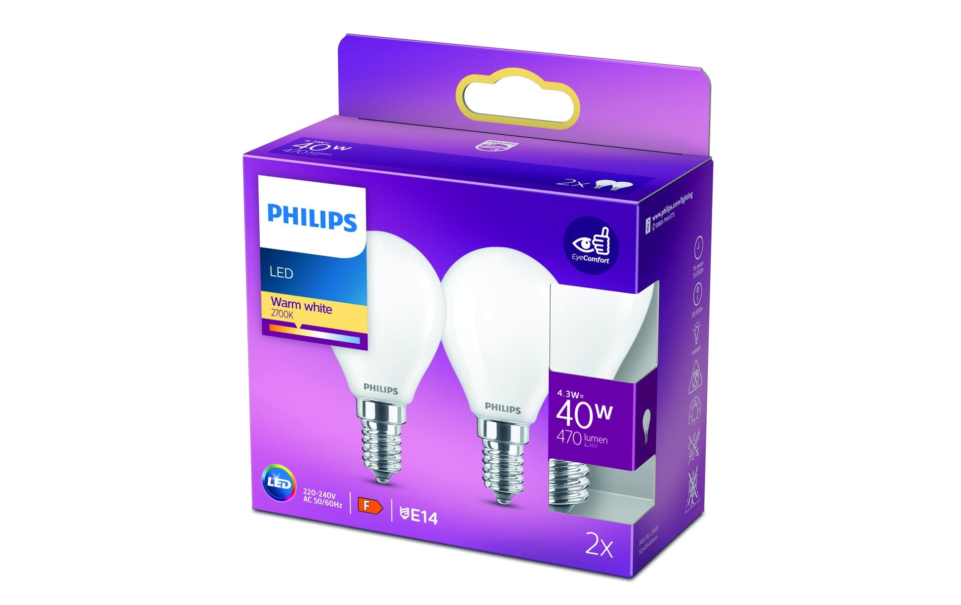 Philips by Signify Philips LED-Leuchtmittel E14 P45 – Warmweiss 2700 K, 470 lm, 4,3 W – IP20 – 1 Stk. – Weiss, Glas