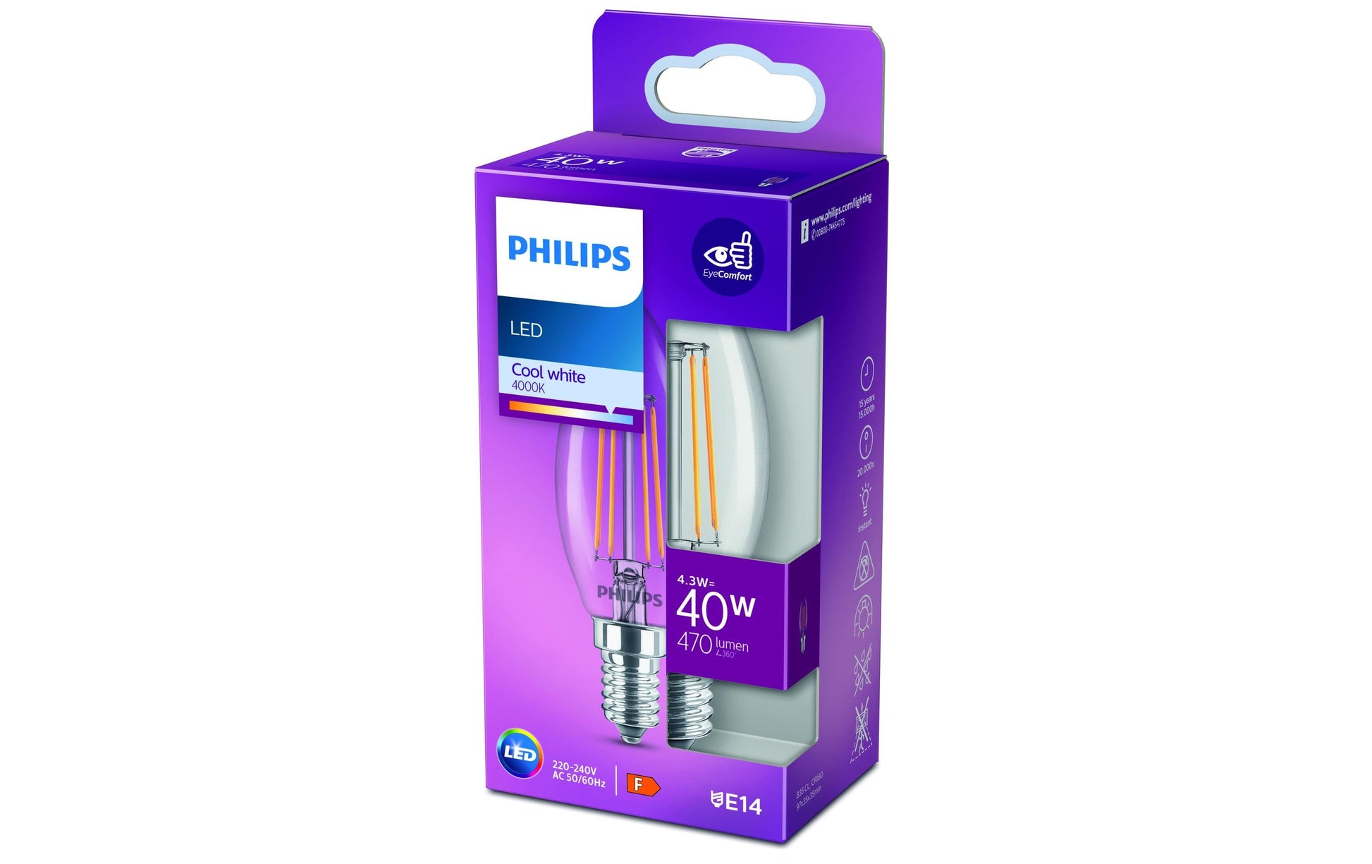 Philips by Signify Philips LED-Leuchtmittel E14 B35 – Neutralweiss 4000 K, 470 lm, 4,3 W – IP20 – 1 Stk. – Transparent, Glas