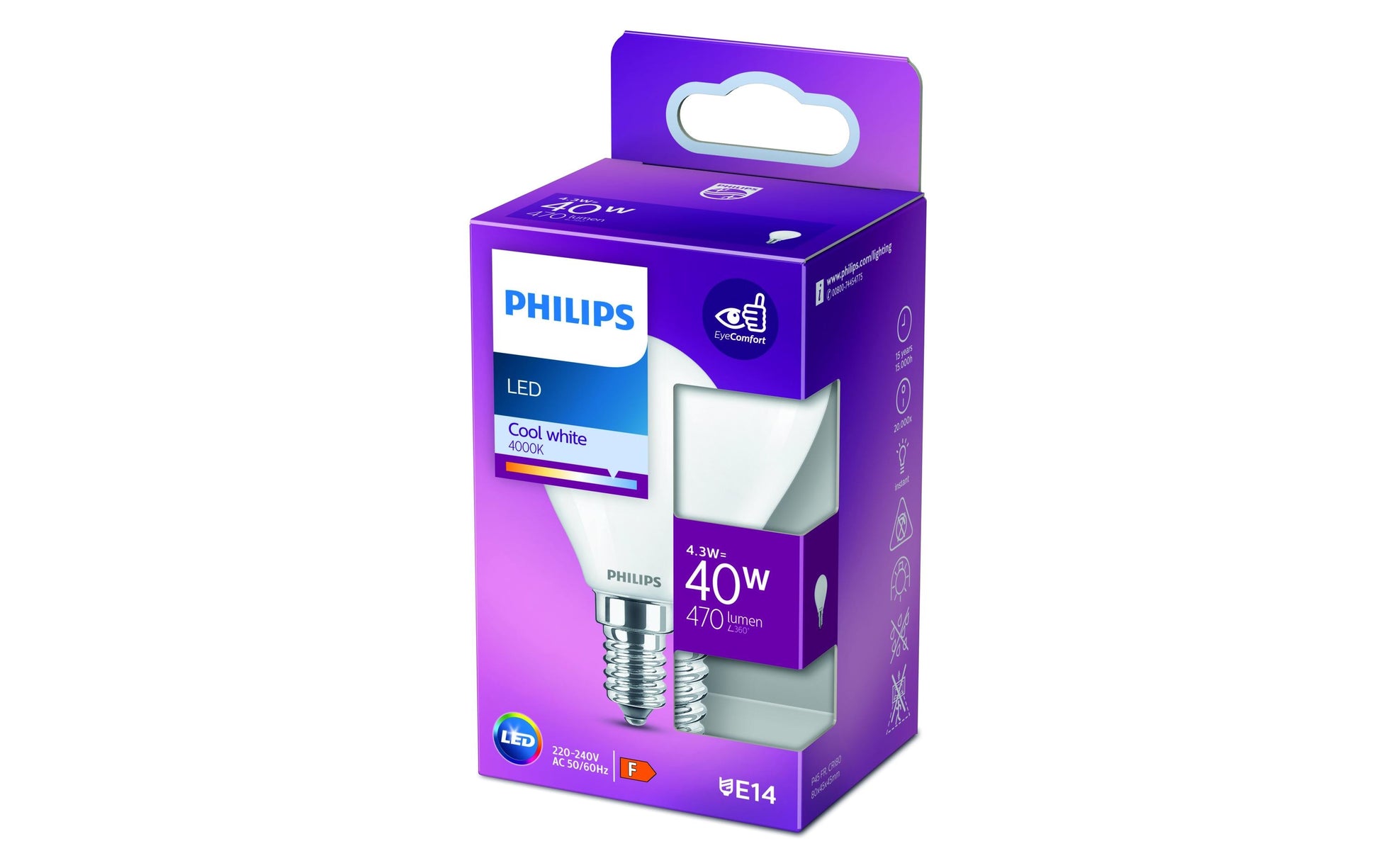 Philips by Signify Philips LED-Leuchtmittel E14 P45 – Neutralweiss 4000 K, 470 lm, 4,3 W – 1 Stk., Weiss, Glas (matt)