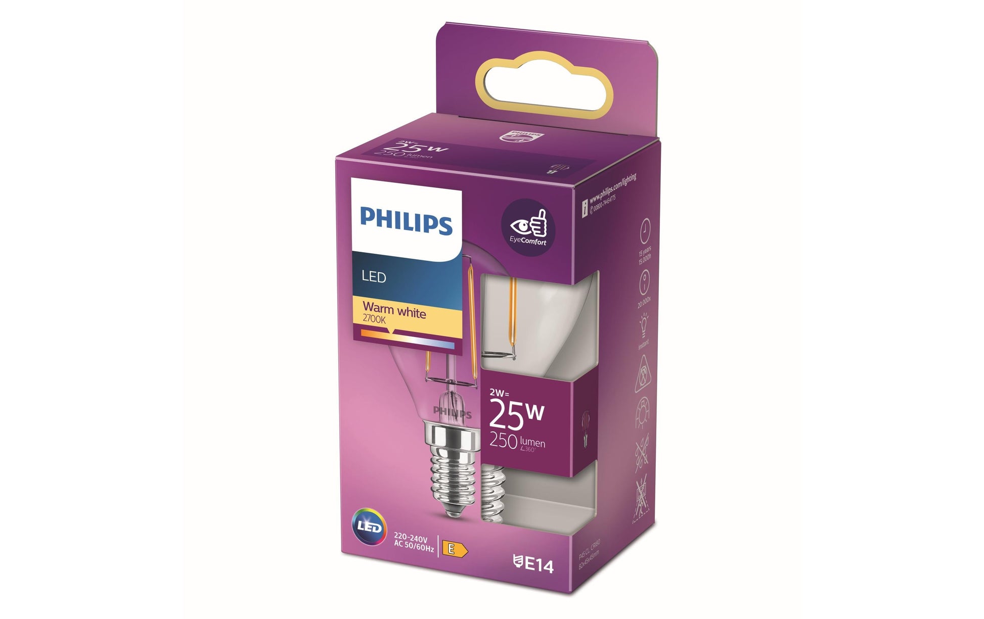 Philips by Signify Philips LED-Leuchtmittel E14 P45 – 250 lm, 2 W, Warmweiss 2700 K – 1 Stk. – Transparent, Glas