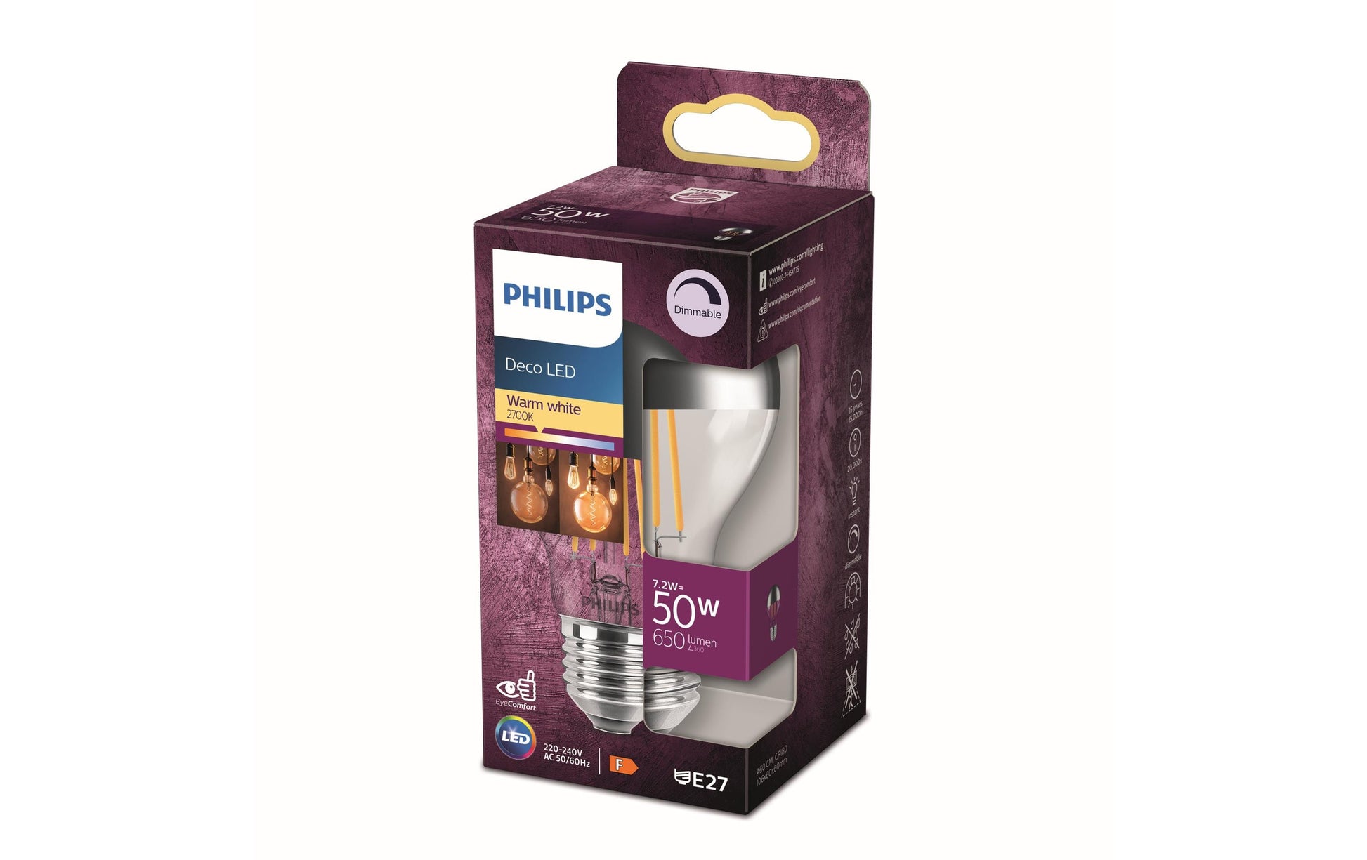 Philips by Signify Philips LED-Leuchtmittel E27 A-Form – Warmweiss 2700 K, 650 lm, 7,2 W, dimmbar – Transparent, Glas – 1 Stk.