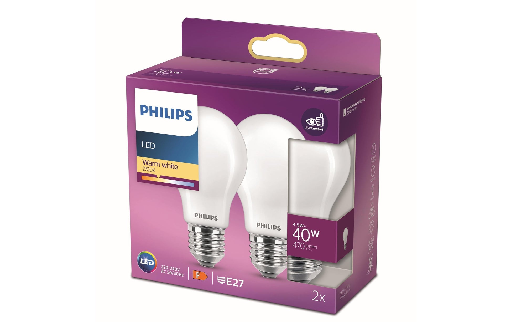 Philips by Signify Philips LED-Leuchtmittel E27 A60 – Warmweiss 2700 K, 470 lm, 4,5 W – 1 Stk., Weiss, Glas