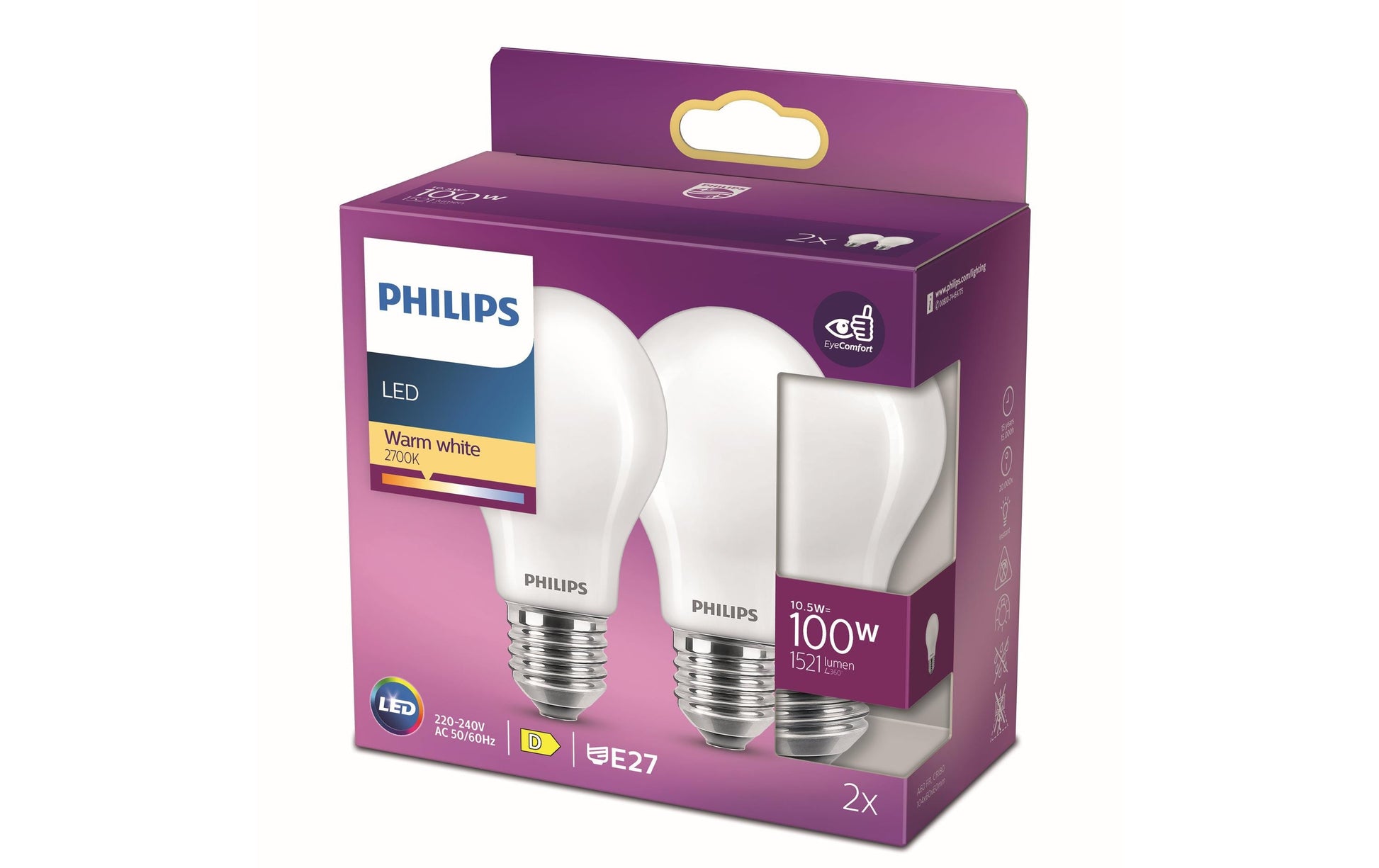 Philips by Signify Philips LED-Leuchtmittel E27 A60 – Warmweiss 2700 K, 1521 lm, 10,5 W – 2 Stk., Weiss, mattes Glas