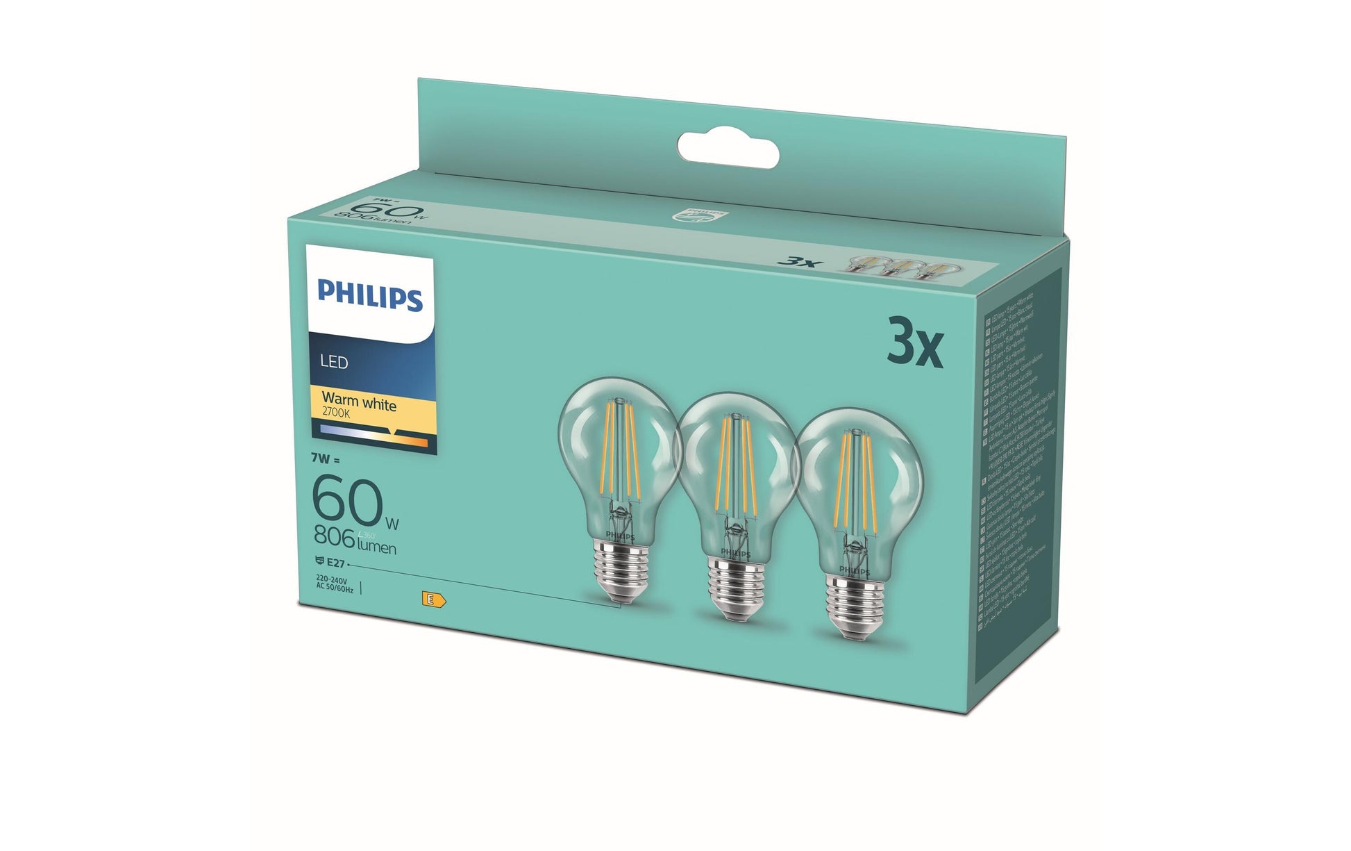 Philips by Signify Philips LED-Leuchtmittel E27 A60 – Warmweiss 2700 K, 806 lm, 7 W – IP20 – 1 Stk. – Transparent, Glas