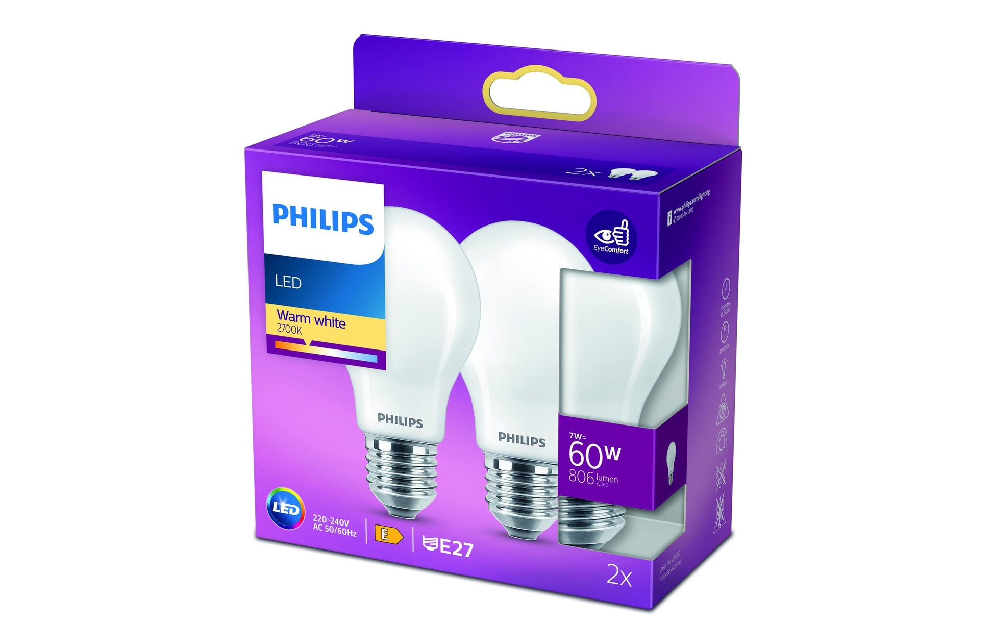 Philips by Signify Philips LED-Leuchtmittel E27 A60 – Warmweiss 2700 K, 806 lm, 7 W – 2 Stk., matt, Glas – LEDClassic