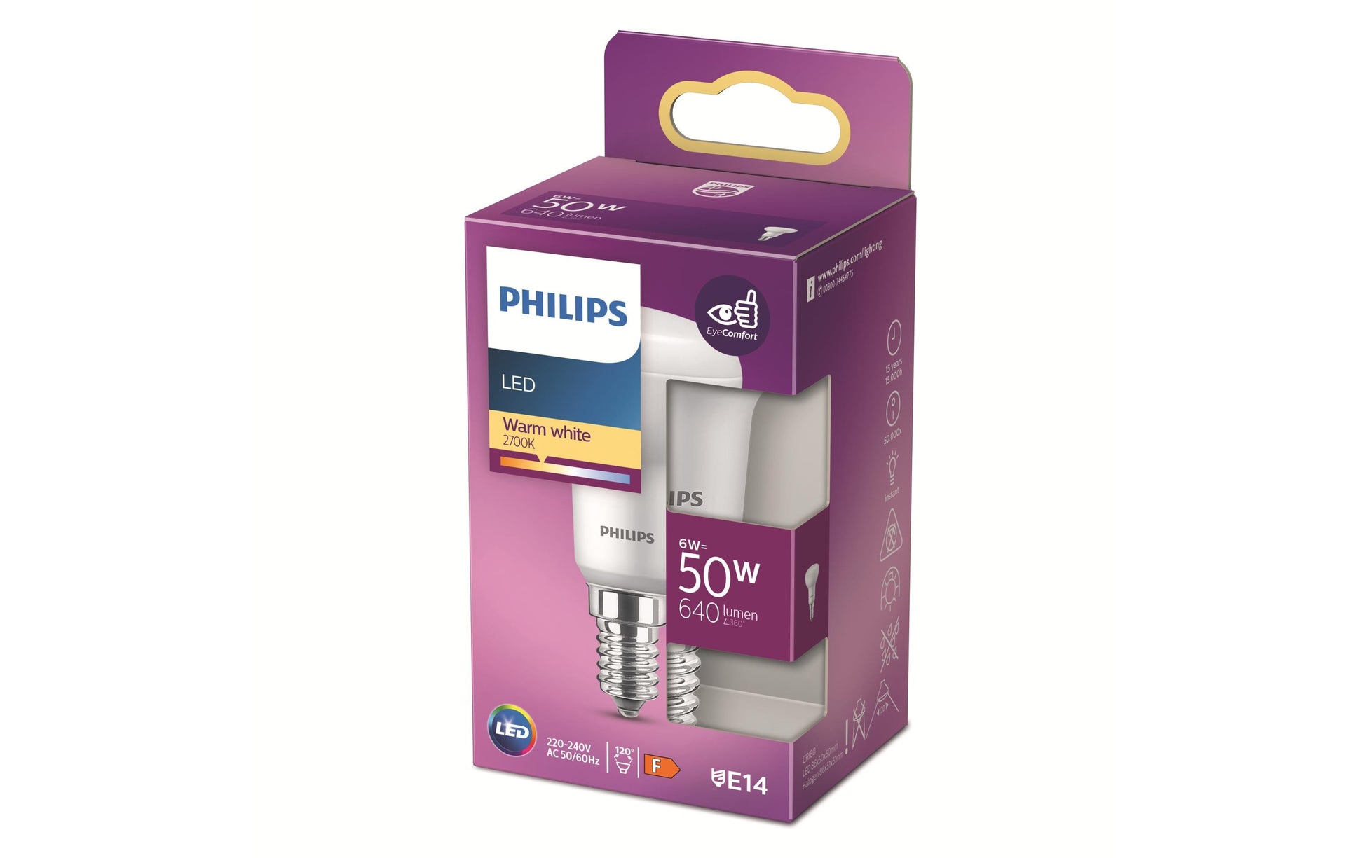 Philips by Signify Philips LED-Reflektor E14 R50 – Warmweiss 2700 K, 640 lm, 6 W, 120° – 1 Stk., Silber, Kunststoff