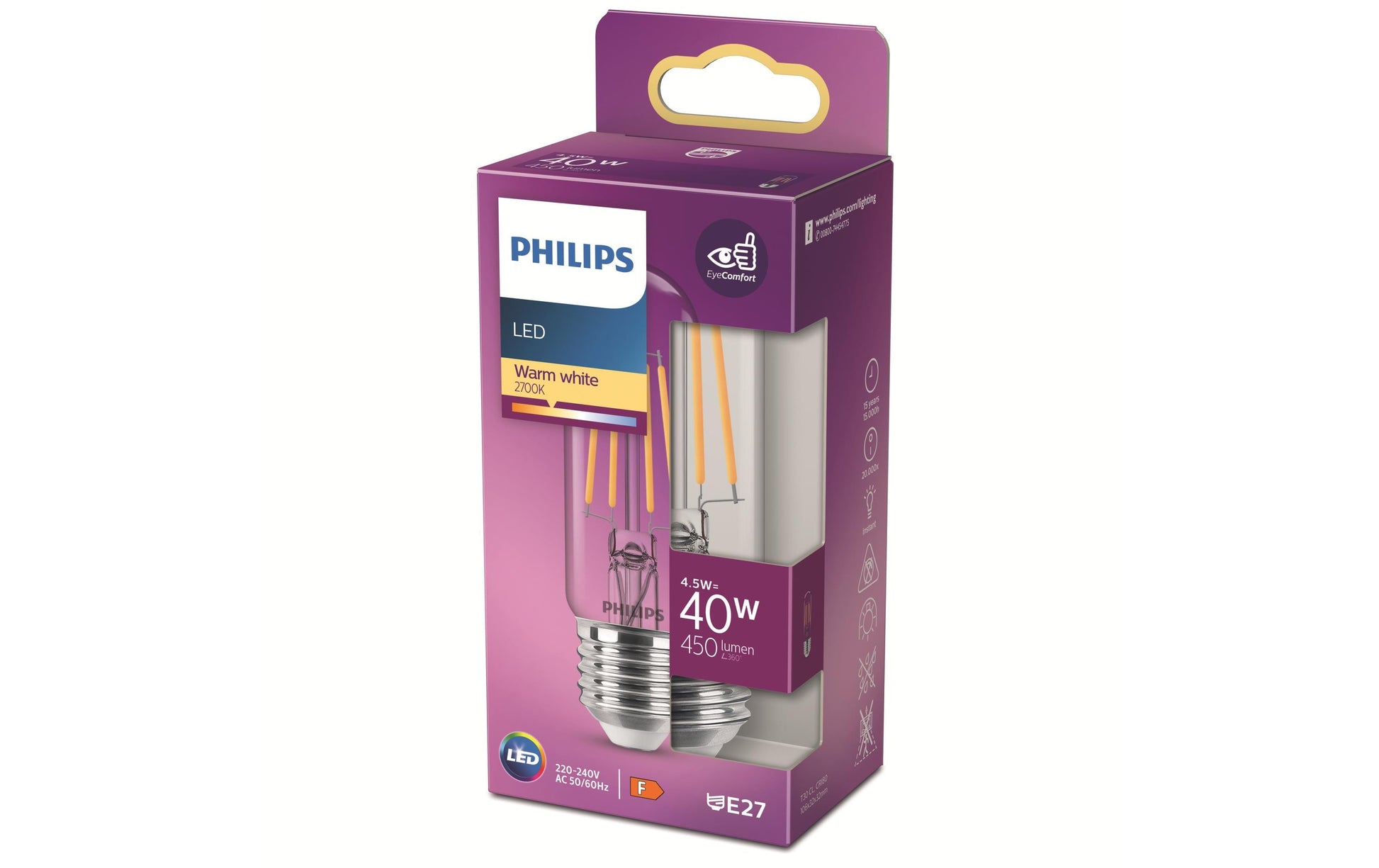 Philips by Signify Philips LED-Leuchtmittel E27 T30 – Warmweiss 2700 K, 470 lm, 4,5 W – 1 Stk. – Transparent, Glas