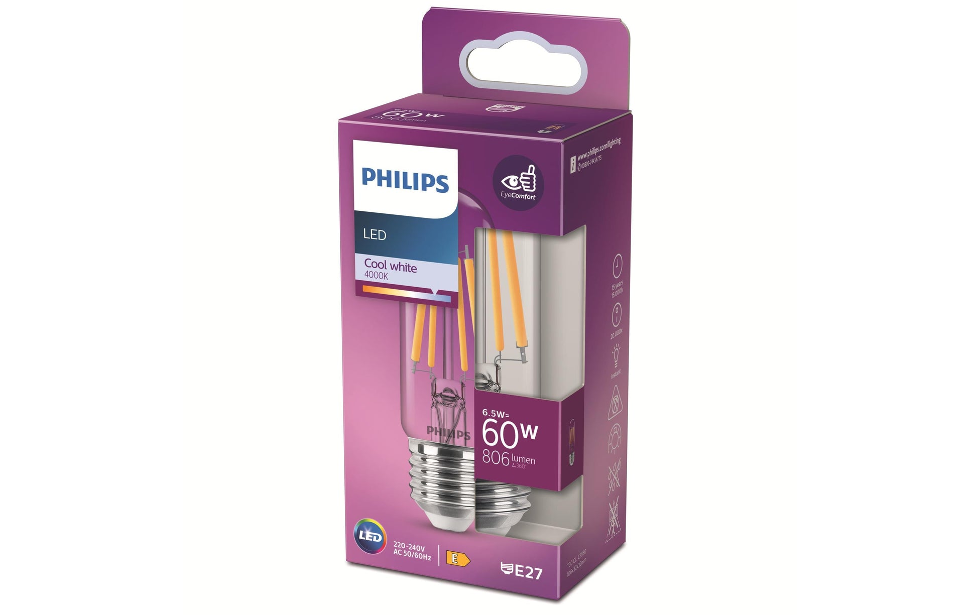 Philips by Signify Philips LED-Leuchtmittel E27 T30 – Kaltweiss 4000 K, 806 lm, 6,5 W – 1 Stk., Transparent, Glas