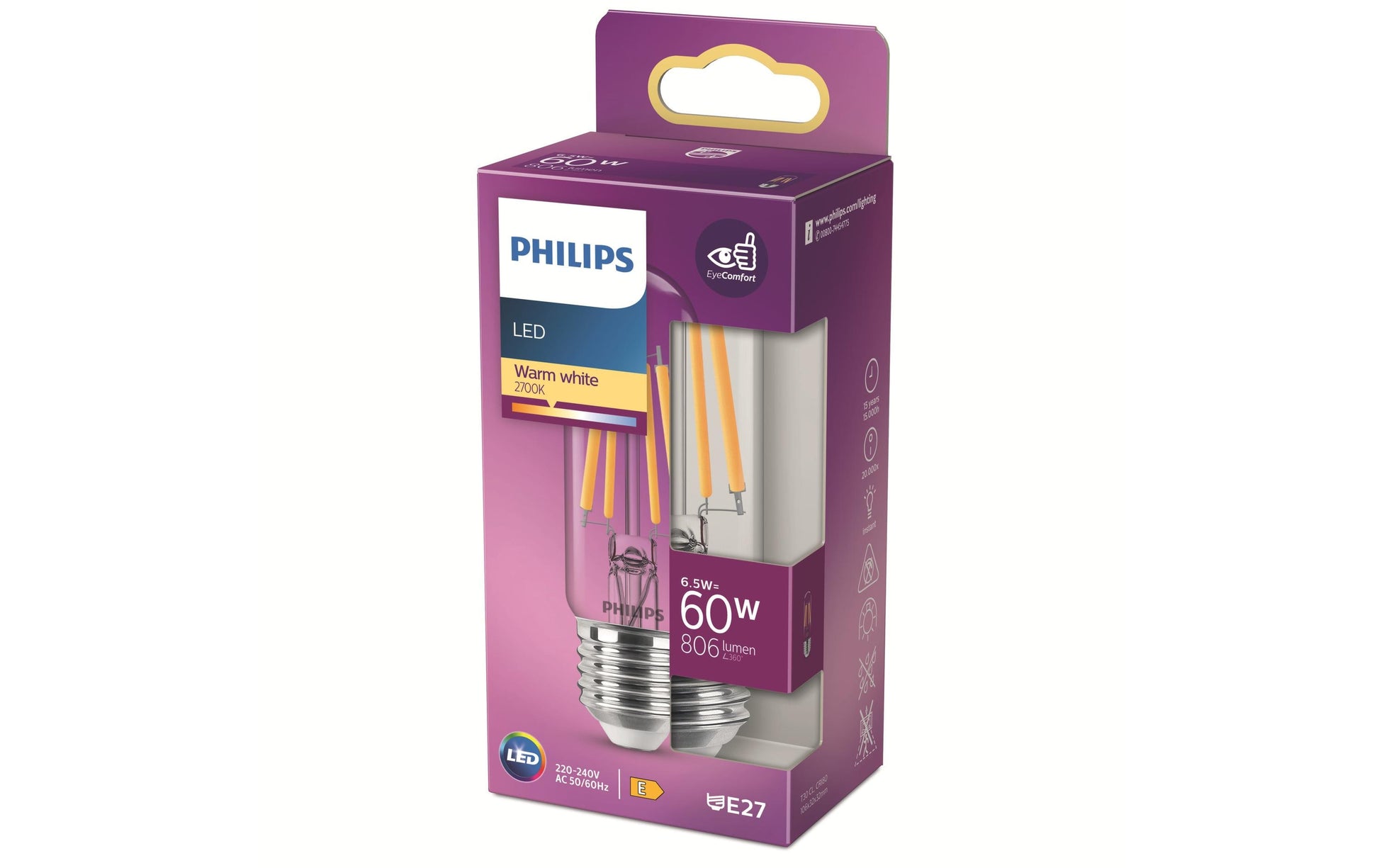 Philips by Signify Philips LED-Leuchtmittel E27 T30 – Warmweiss 2700 K, 806 lm, 6,5 W – 1 Stk. – Transparent, Glas