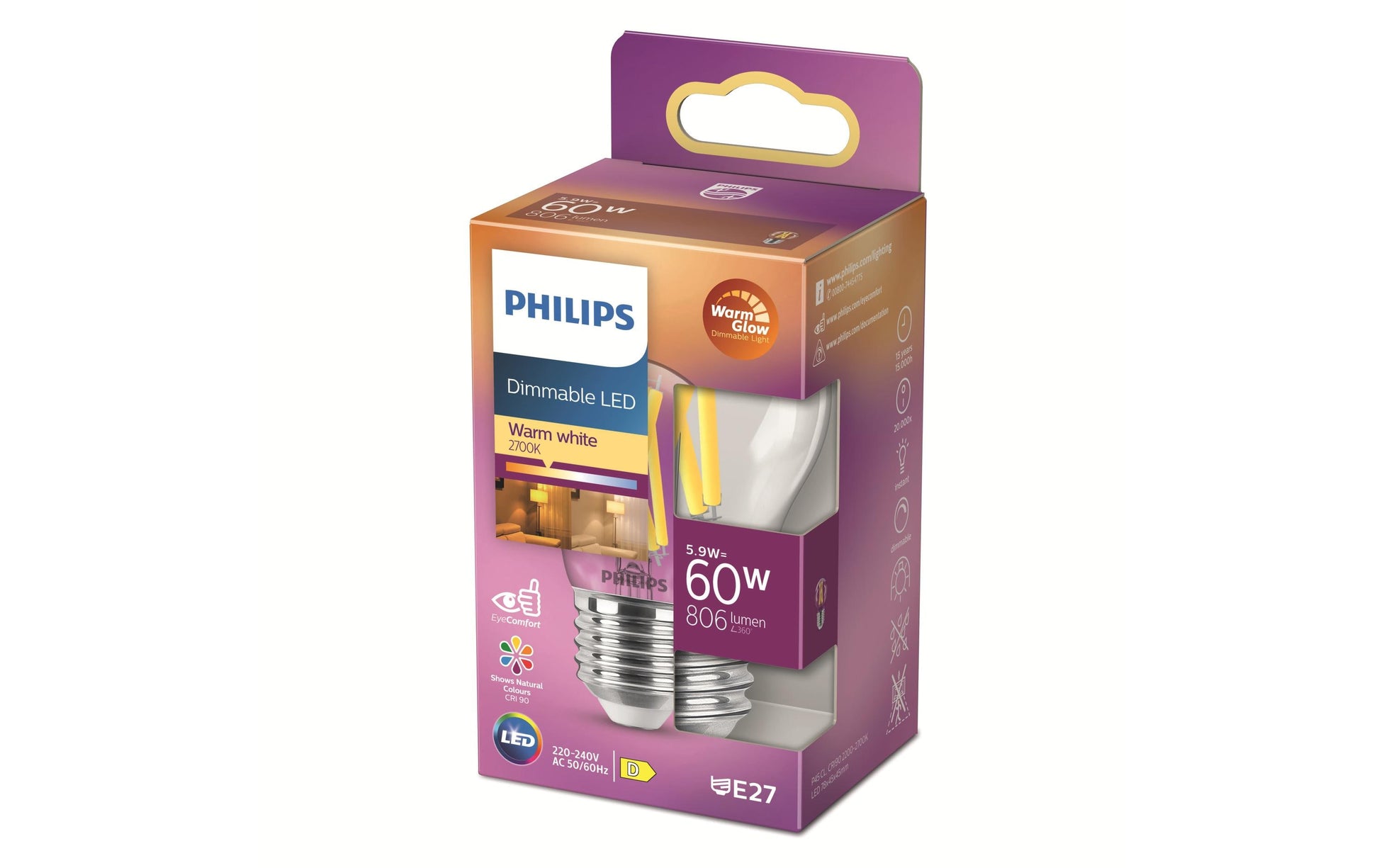 Philips by Signify Philips LED-Leuchtmittel E27 P45 – 806 lm, 5,9 W, Warmweiss 2200–2700 K, dimmbar – 1 Stk., Transparent, Glas