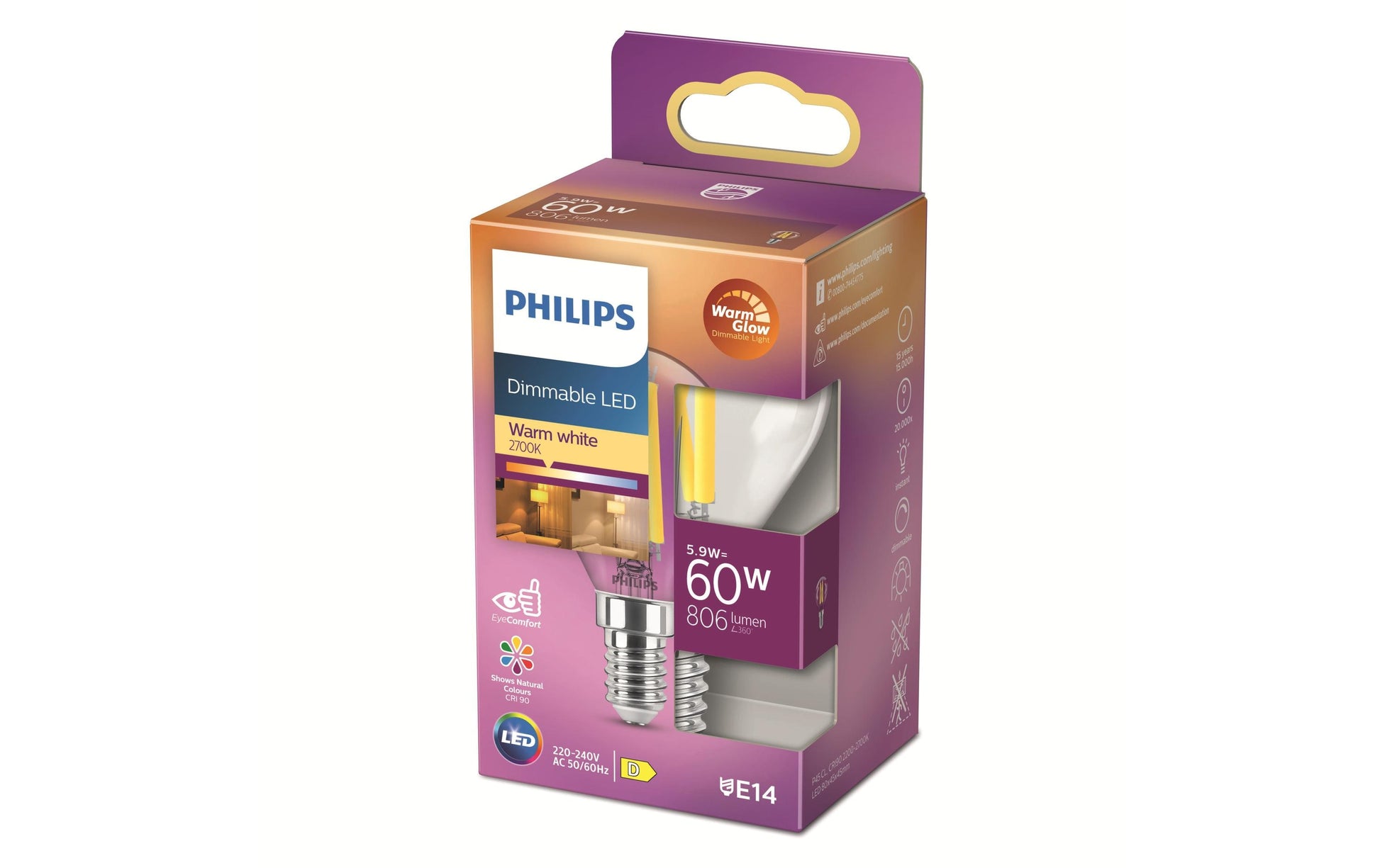 Philips by Signify Philips LED-Leuchtmittel E14 P45 – 806 lm, 5,9 W, Warmweiss 2200–2700 K, dimmbar – 1 Stk. – Transparent