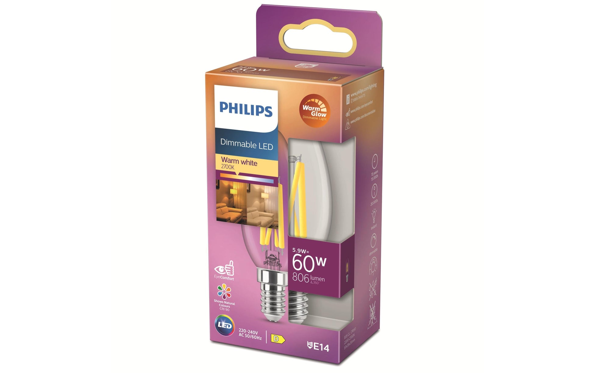Philips by Signify Philips LED-Leuchtmittel E14 B35 – Warmweiss 2200–2700 K, 806 lm, 5,9 W – 1 Stk., Transparent