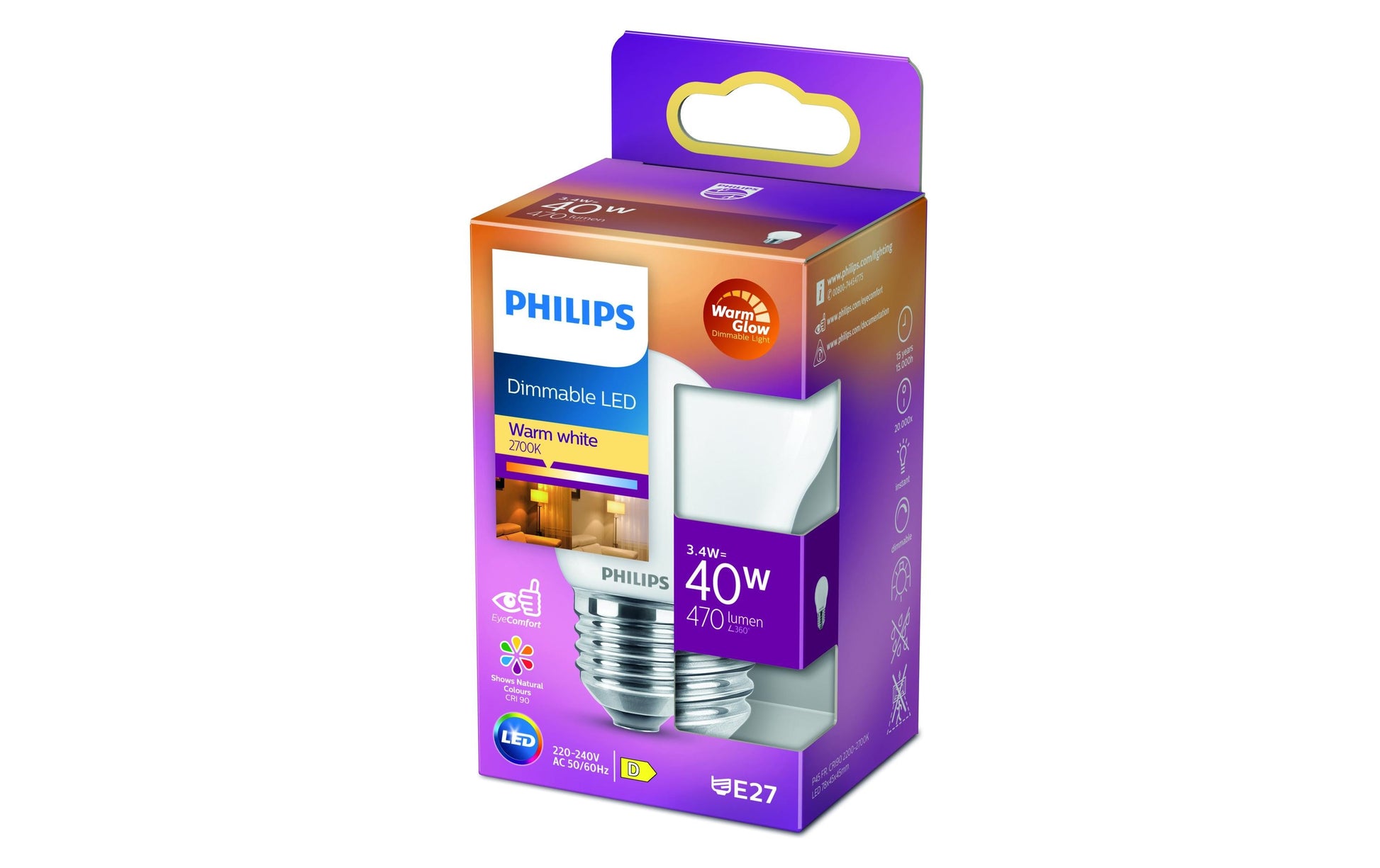 Philips by Signify Philips LED-Leuchtmittel E27 P45 – 470 lm, 3,4 W, WarmGlow 2200–2700 K, dimmbar – 1 Stk., Weiss/Glas