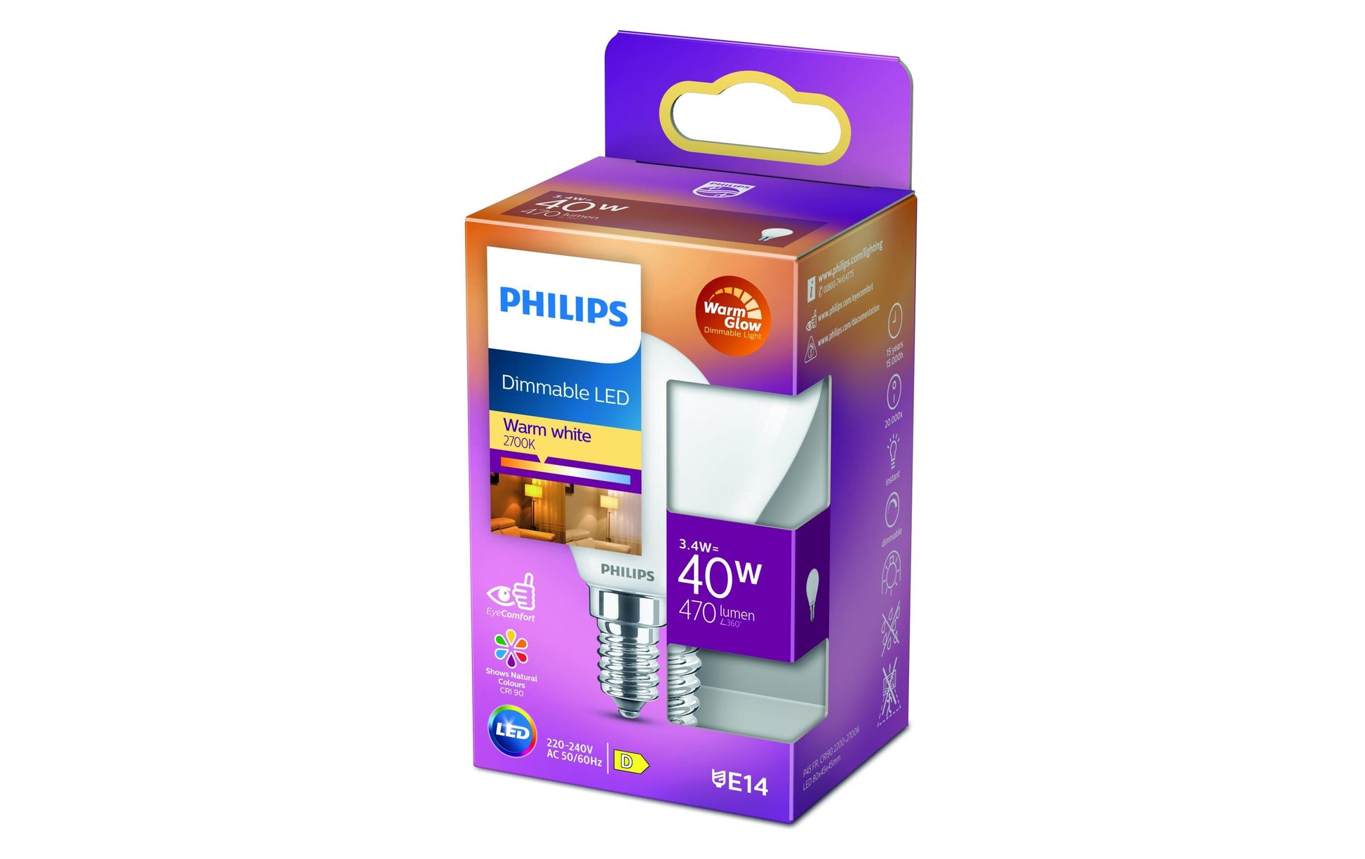 Philips by Signify Philips Leuchtmittel E14 P45 – Warmweiss 2200–2700 K, 470 lm, 3,4 W, dimmbar – 1 Stk.