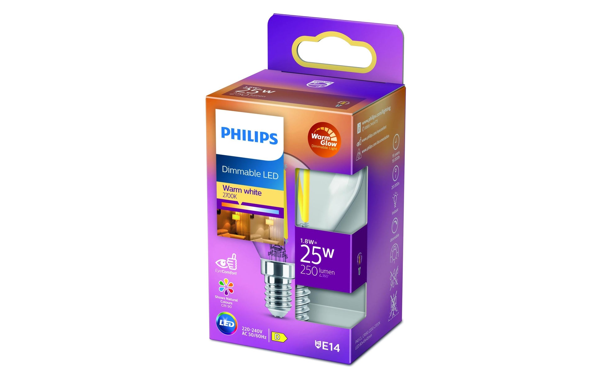 Philips by Signify Philips Leuchtmittel E14 P45 – Warmweiss 2200–2700 K, 340 lm, 2,5 W, dimmbar – 1 Stk. – Transparent, Glas