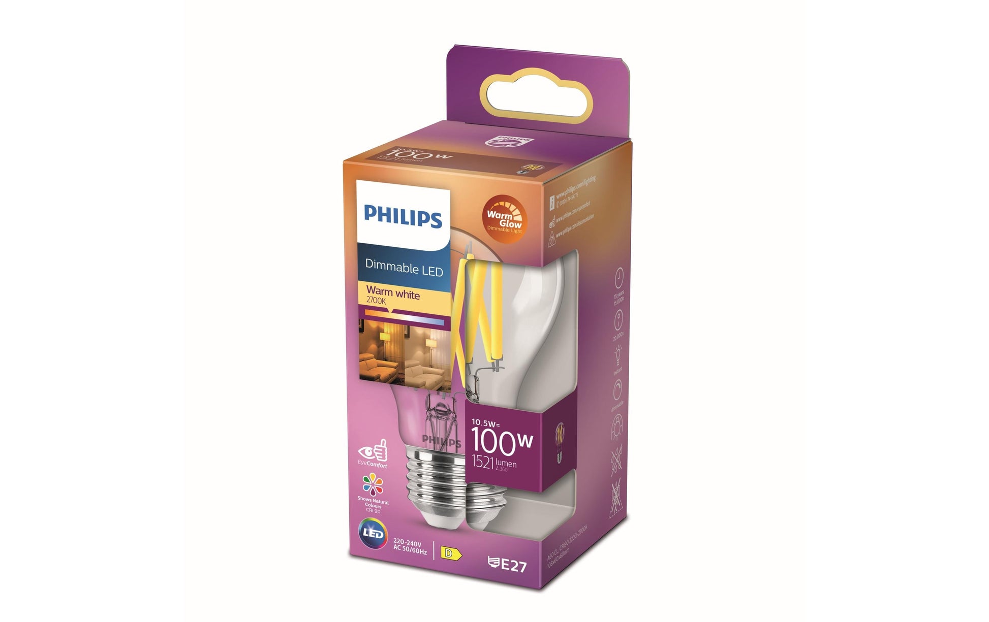 Philips by Signify Philips LED-Leuchtmittel E27 A-Form – Warmweiss 2200–2700 K, 1521 lm, 10,5 W, dimmbar – 1 Stk. – Klar