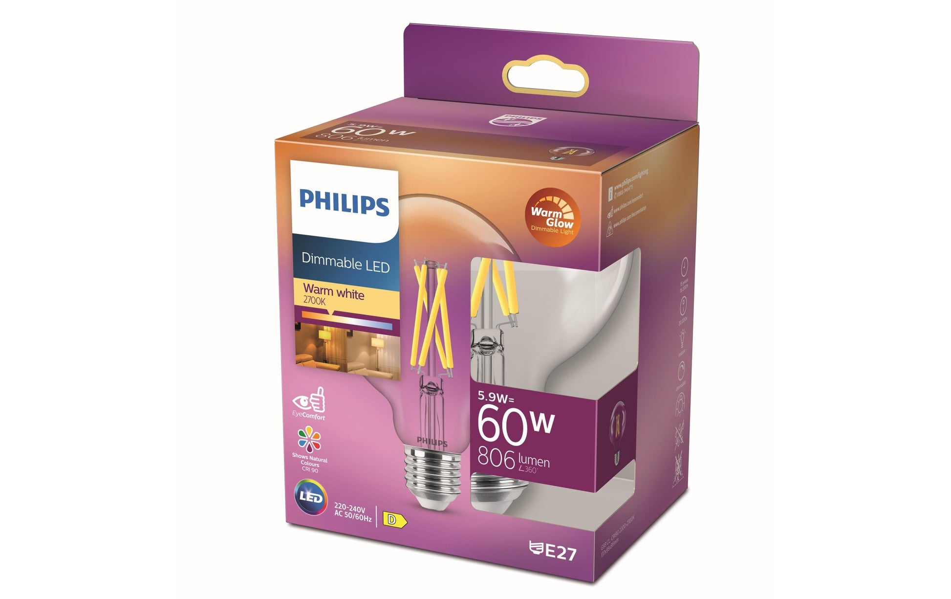 Philips by Signify Philips Leuchtmittel E27 G93 – Warmweiss 2200–2700 K, 806 lm, 5,9 W, dimmbar – 1 Stk.