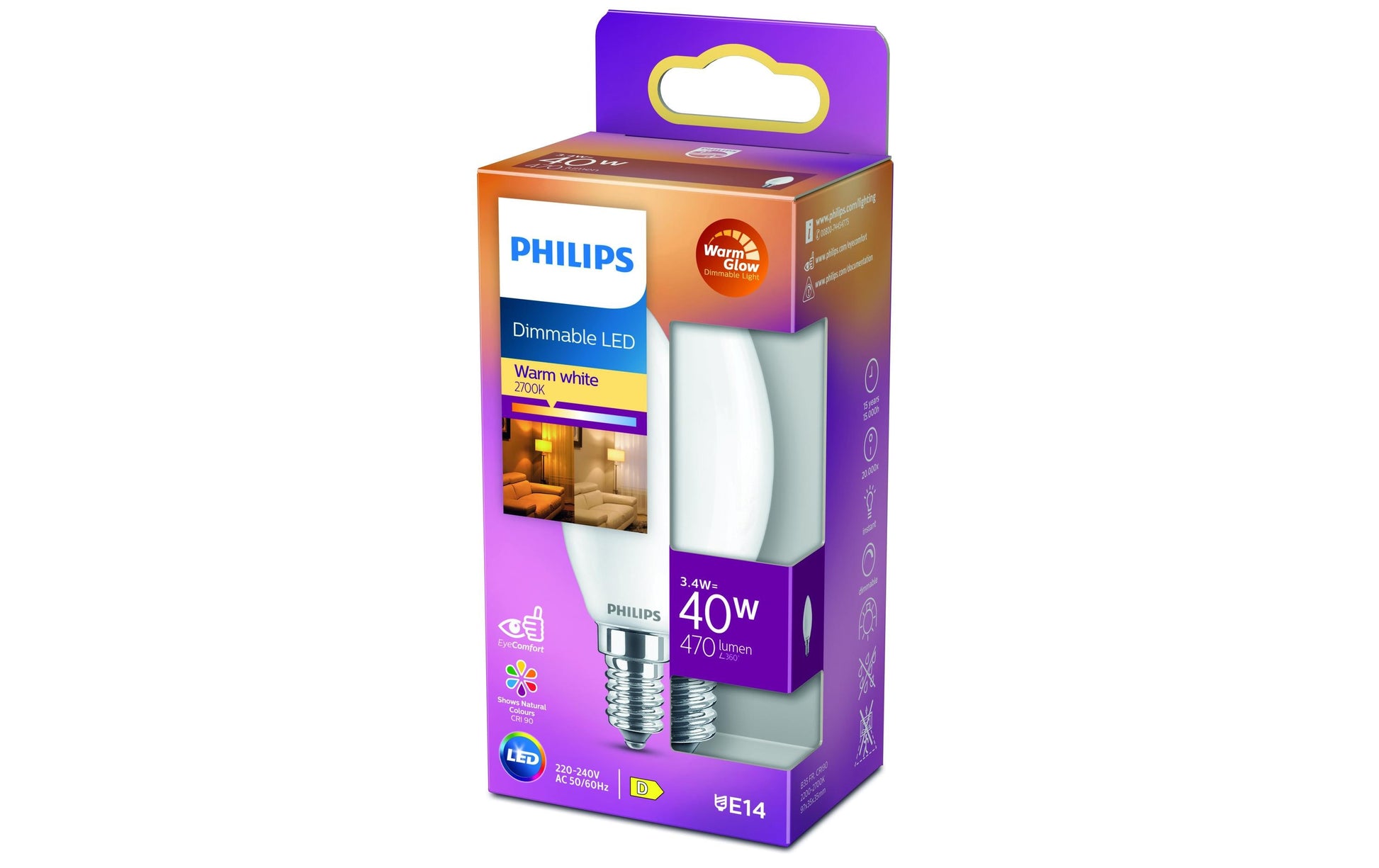 Philips by Signify Philips LED-Leuchtmittel E14 Kerze – Warmweiss 2200–2700 K, 470 lm, 3,4 W – 1 Stk., Mattglas