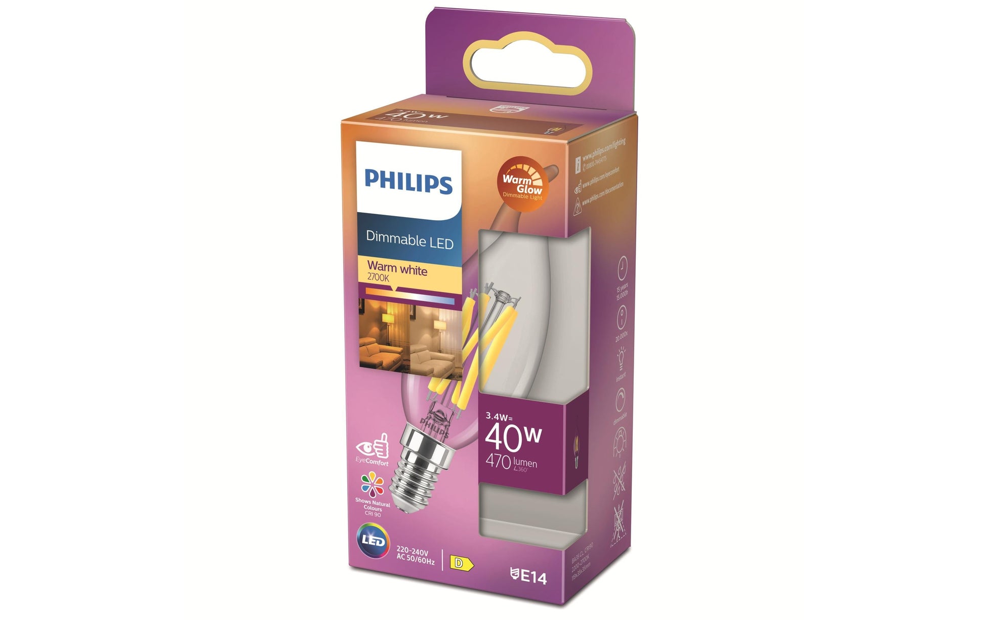 Philips by Signify Philips Leuchtmittel E14 Kerze – Warmweiss 2200–2700 K, 470 lm, 3,4 W, dimmbar – 1 Stk., Transparent, Glas