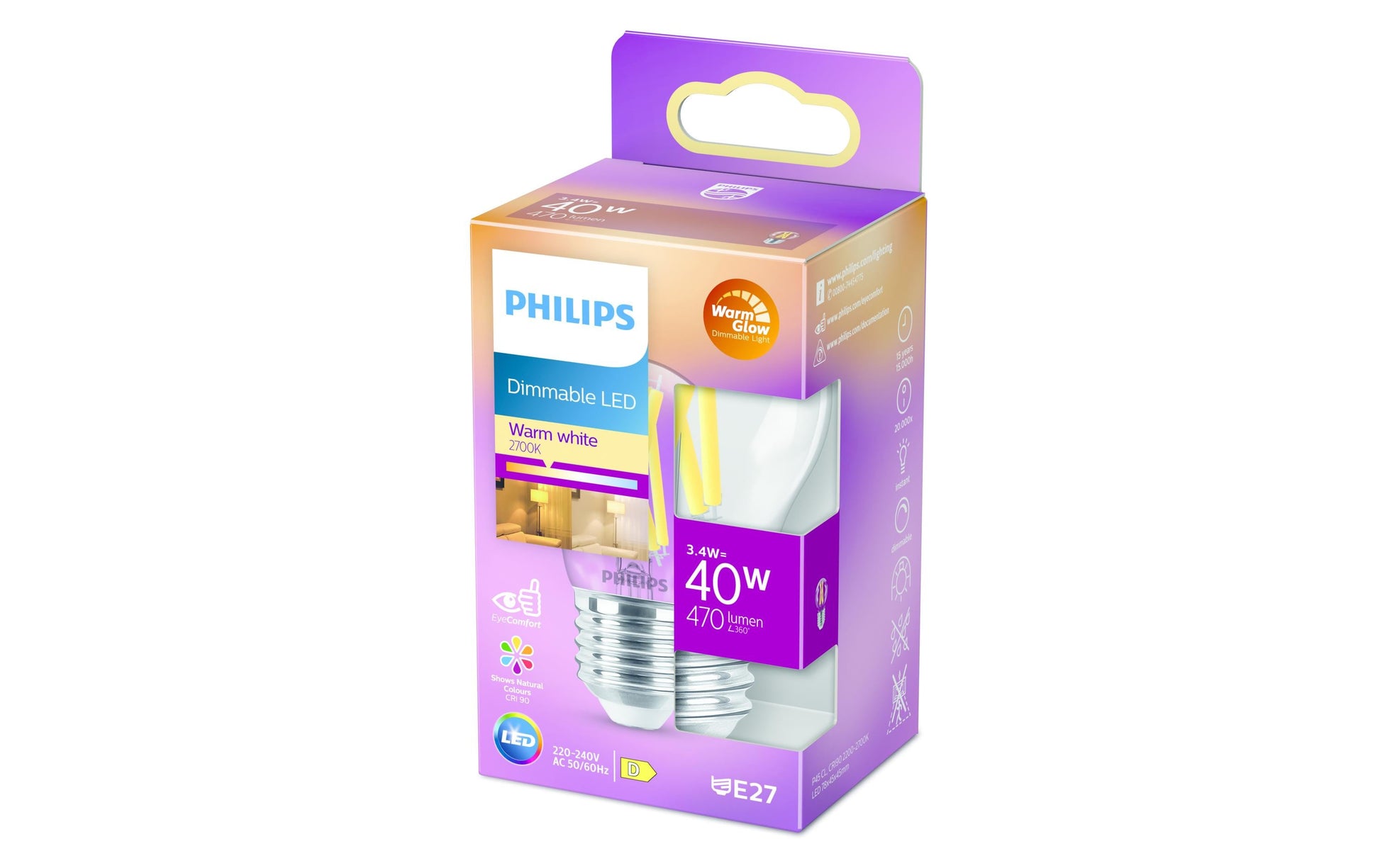 Philips by Signify Philips LED-Leuchtmittel E27 P45 – Warmweiss 2200–2700 K, 470 lm, 3,4 W, dimmbar – 1 Stk. – Klar