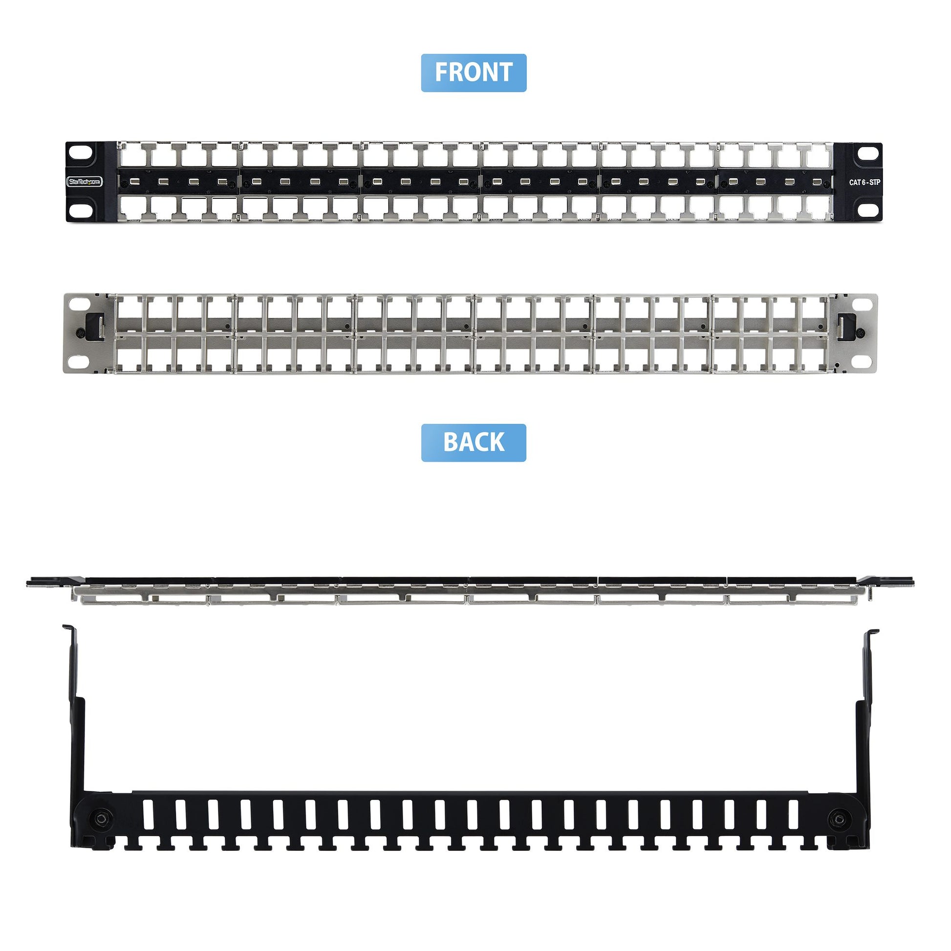 StarTech.com Keystone Patchpanel – 48× RJ-45, Cat6a/Cat8, 1U (19"), Stahl, Schwarz