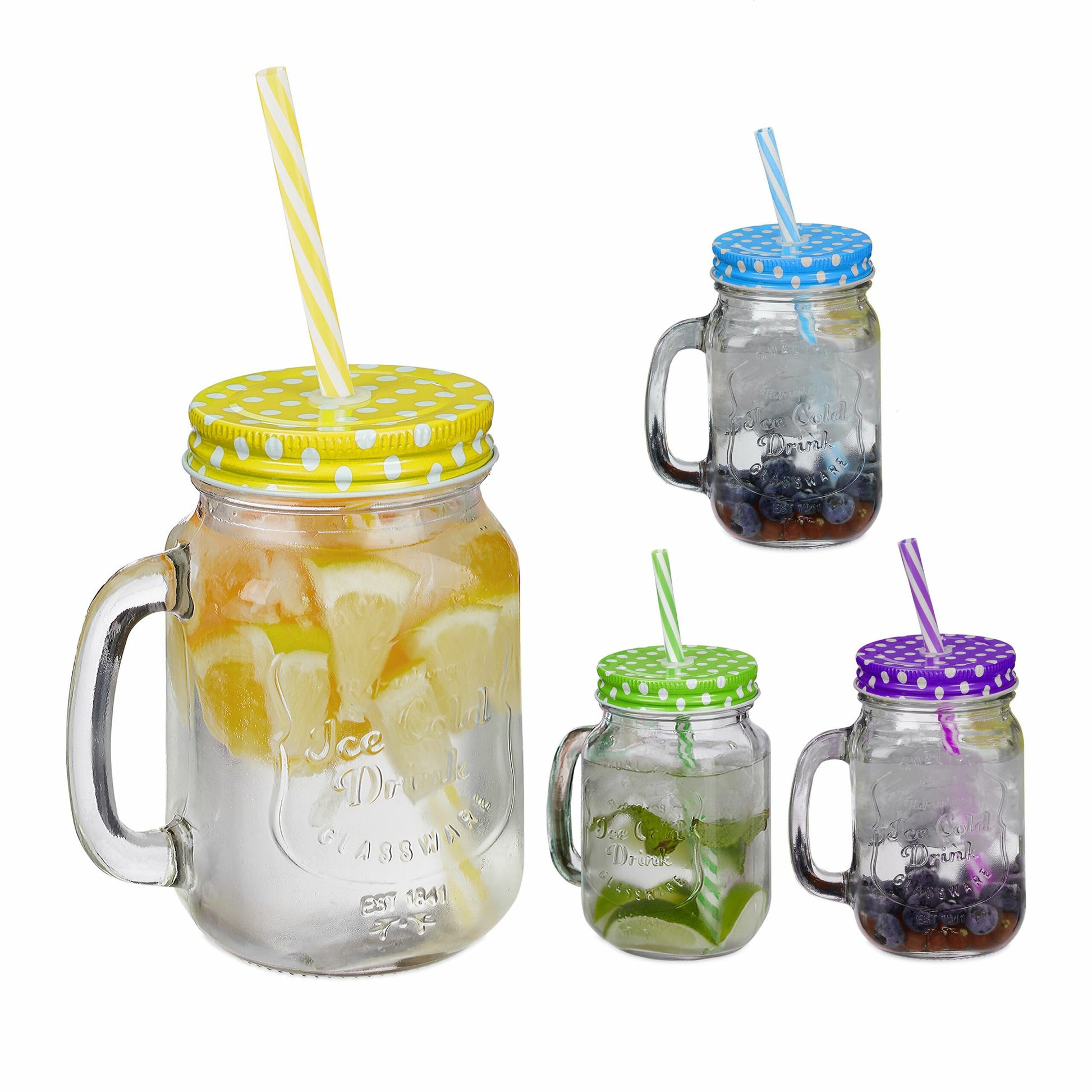 Relaxdays Trinkbecher – 4er Set, 500 ml, Glas, Mehrfarbig, mit Deckel, spülmaschinenfest
