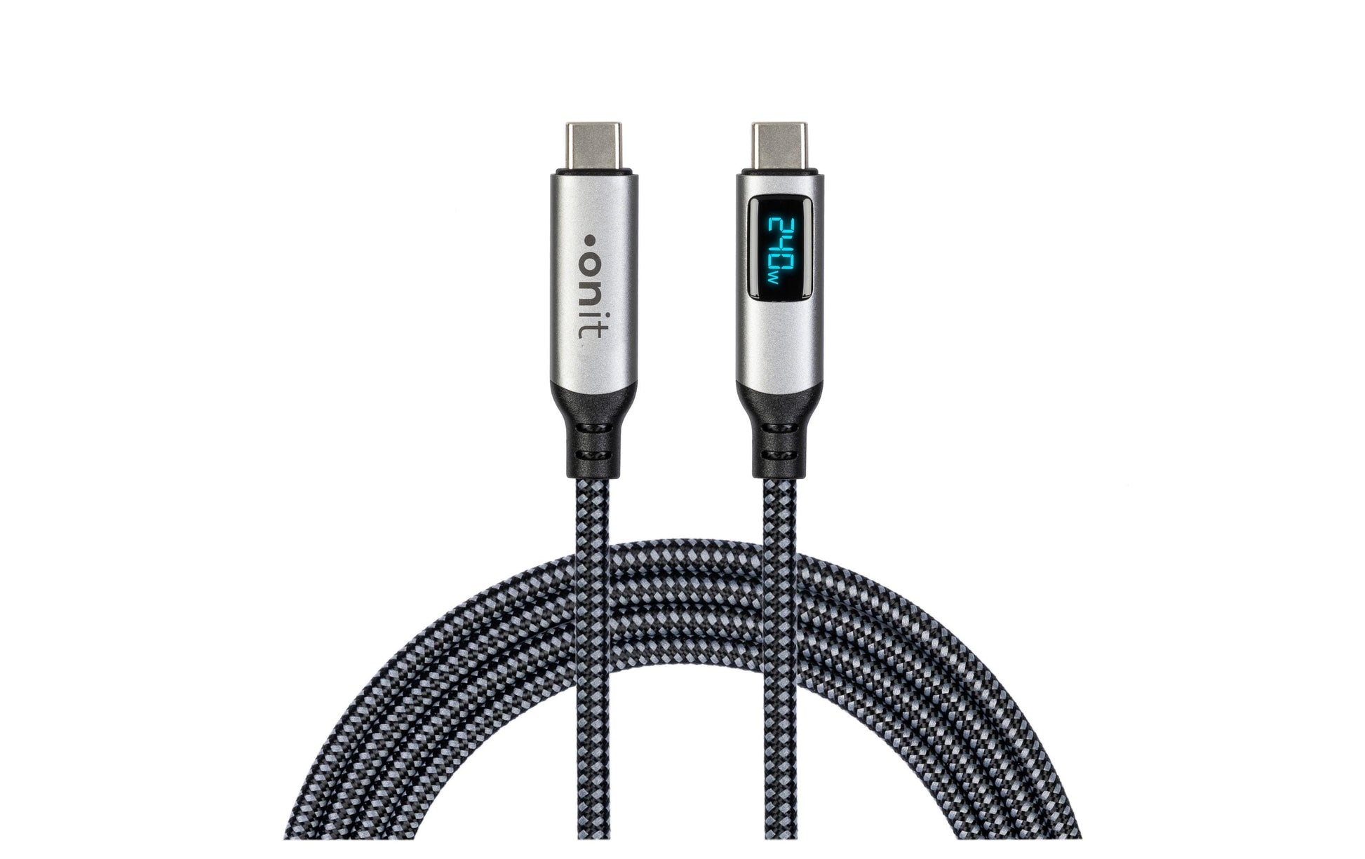 ONIT USB-C auf USB-C Kabel – USB4 40 Gbit/s – 1 m – PD 240 W – Textilmantel, LED-Display – Schwarz/Grau