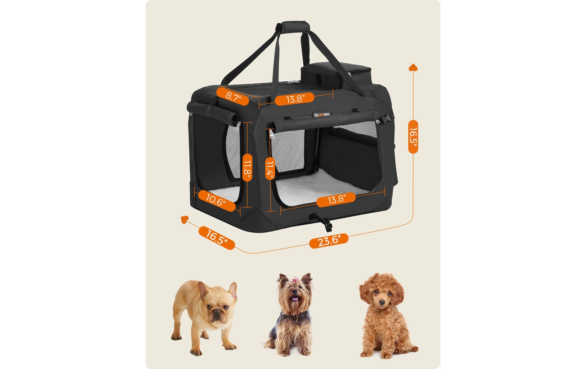 Feandrea Weicher Haustierträger – Frontlader, Reissverschluss, belüftet – für Katzen, Hunde – 60×42×42 cm