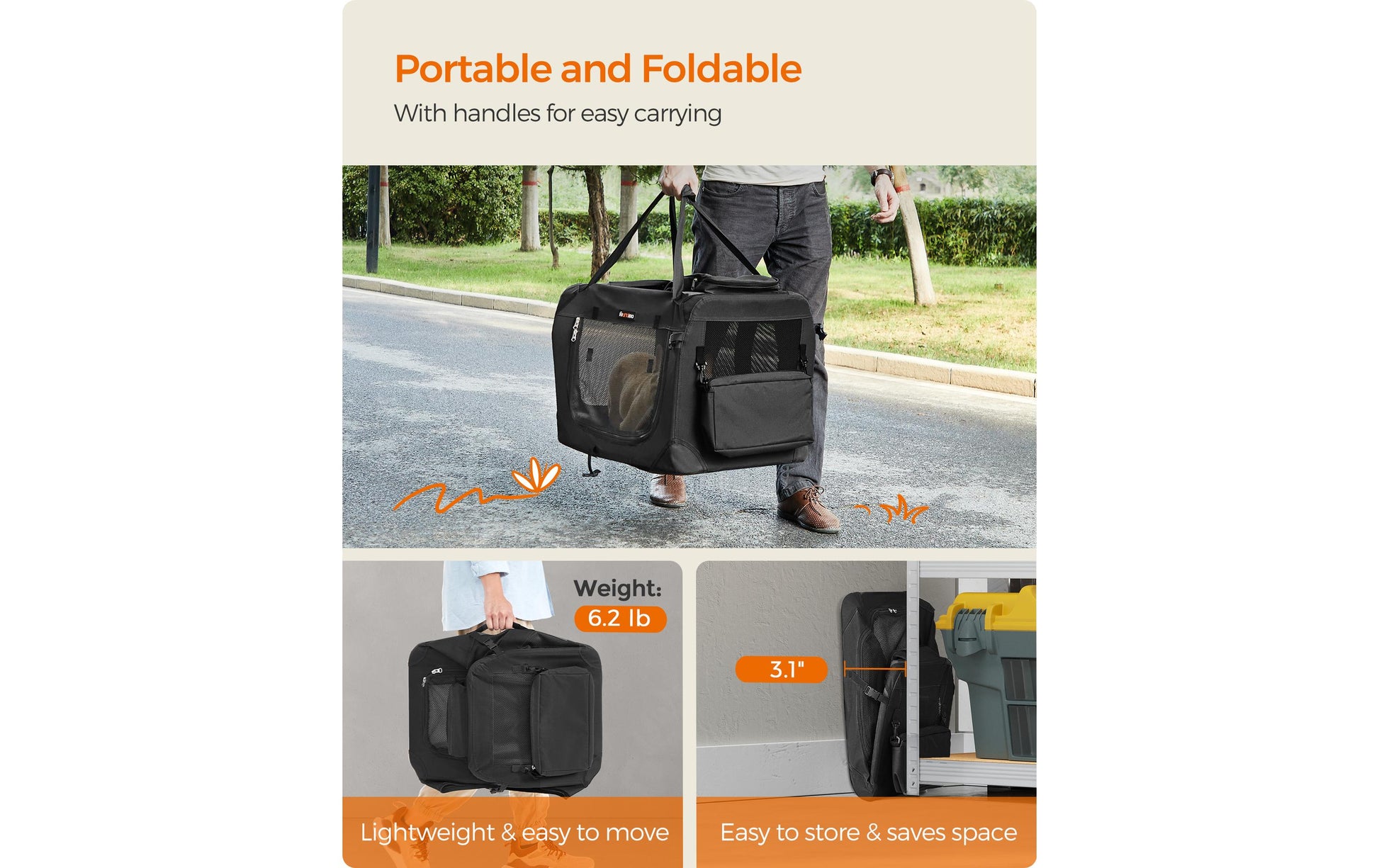 Feandrea Weicher Haustierträger – Frontlader, Reissverschluss, belüftet – für Katzen, Hunde – 60×42×42 cm