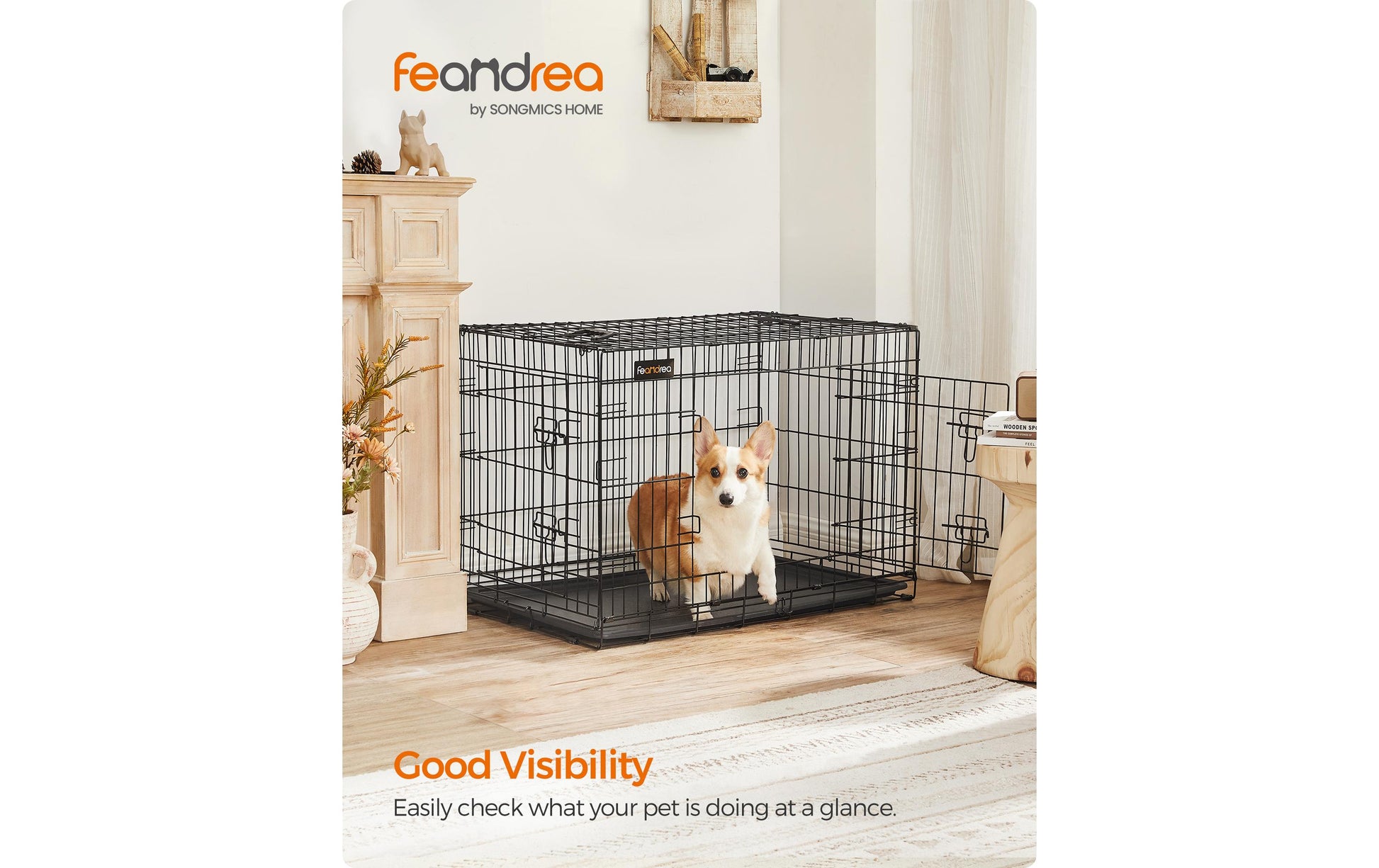 Feandrea Transportbox (fest), verschliessbar – für Hund – 92,5 × 64 × 57,5 cm – schwarz – 1 Stk.