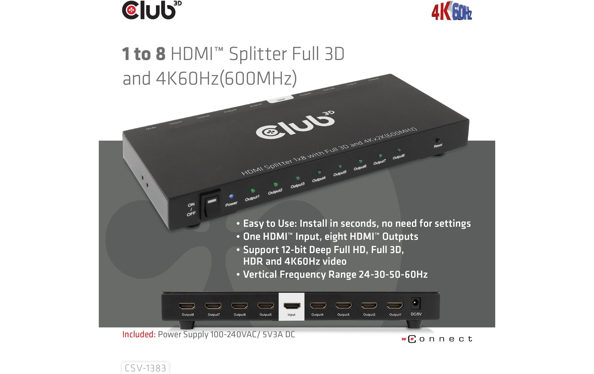 CLUB3D Club 3D – HDMI-Splitter 1×8, externes Netzteil, passiv