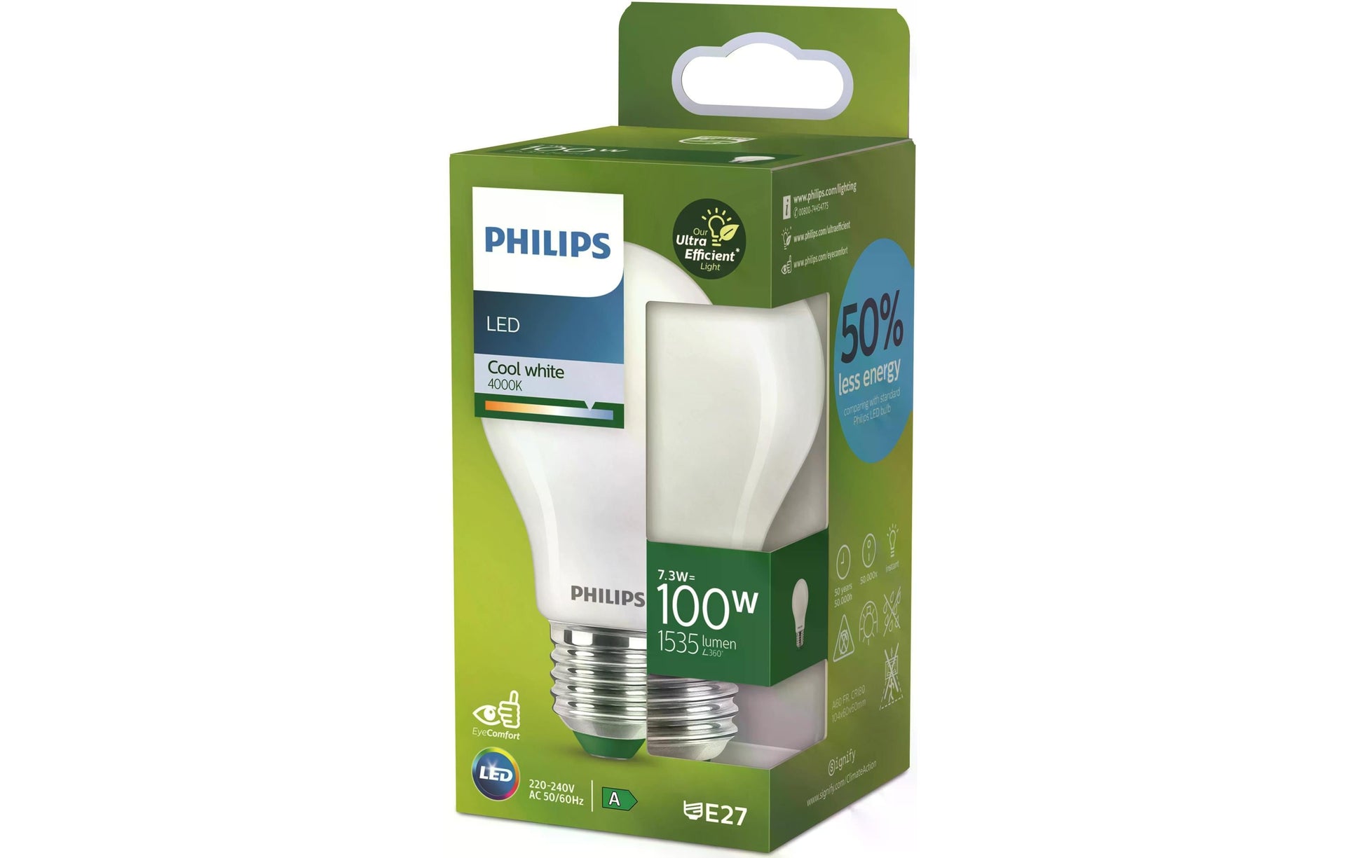 Philips by Signify Philips LED-Leuchtmittel E27 A-Form – Neutralweiss 4000 K, 1535 lm, 7,3 W – 1 Stk., Mattglas