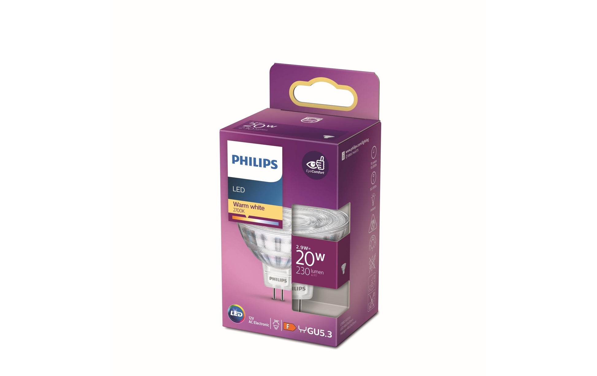 Philips by Signify Philips LED-Reflektor MR16 GU5.3 – 230 lm, 2,9 W, Warmweiss 2700 K, 36° – 1 Stk., Silber/Glas
