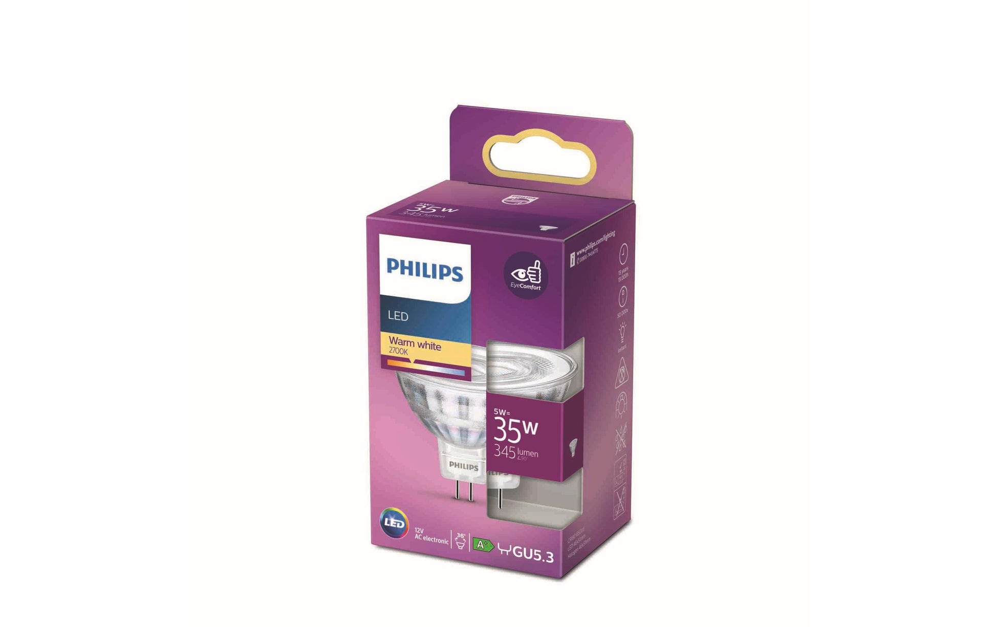 Philips by Signify Philips LED-Leuchtmittel MR16 GU5.3 – Warmweiss 2700 K, 345 lm, 4,4 W – 36°, 1 Stk.