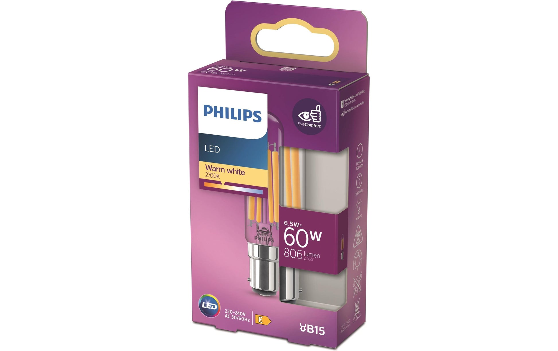 Philips by Signify Philips LED-Leuchtmittel B15 T20L – 806 lm, 6,5 W, Warmweiss 2700 K – Transparent, Glas – 1 Stk.
