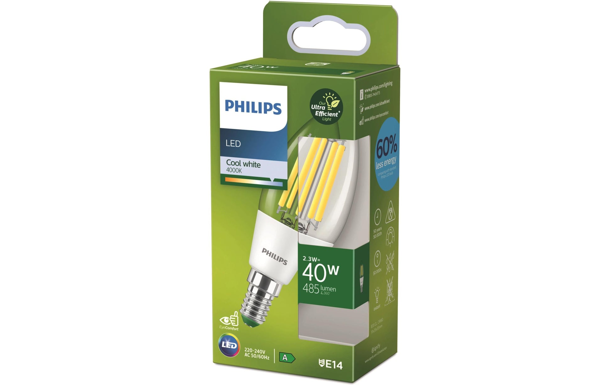 Philips by Signify Philips LED-Leuchtmittel E14 Kerze B35 – Neutralweiss 4000 K, 485 lm, 2,3 W – Transparent, Glas – 1 Stk.