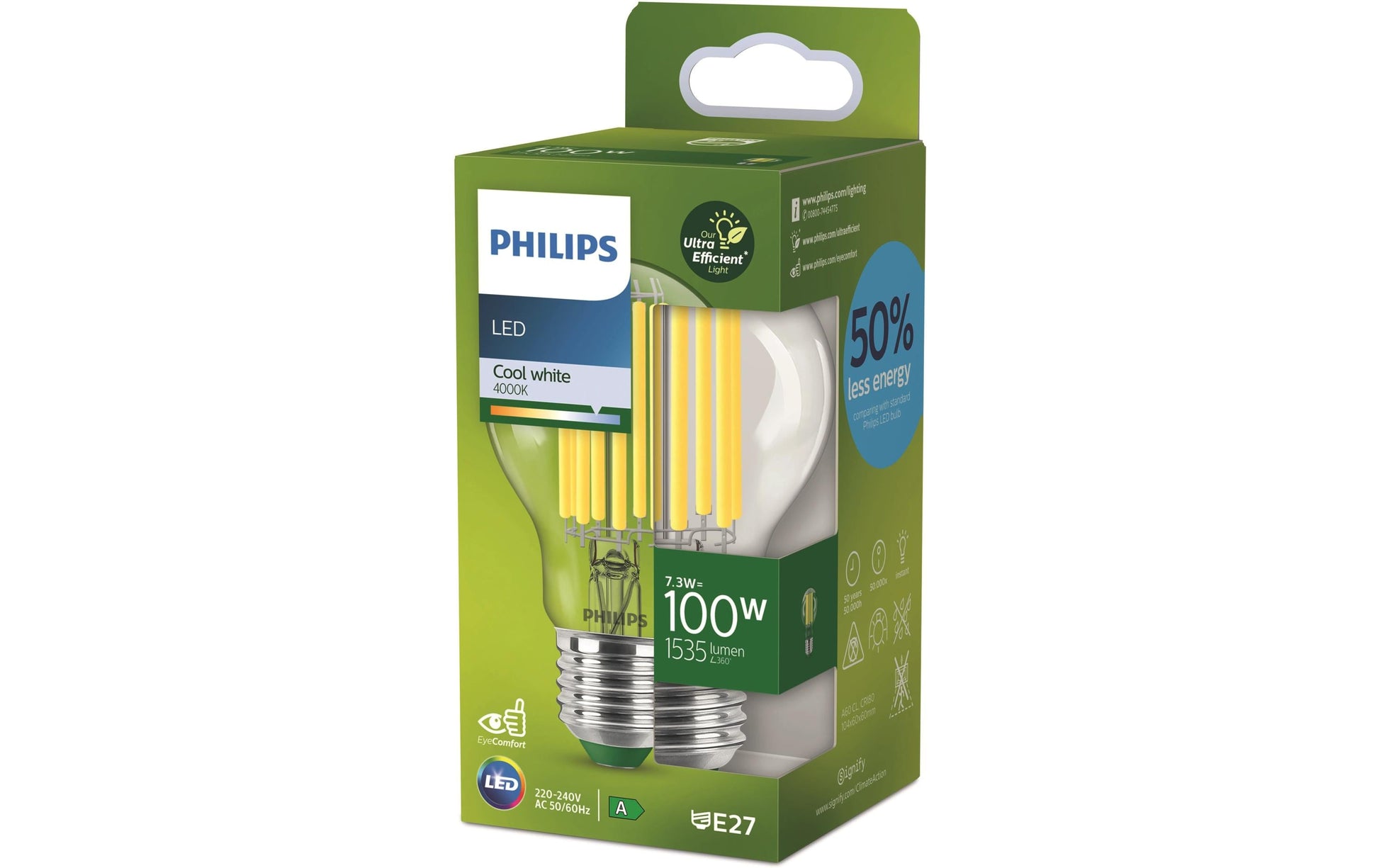 Philips by Signify Philips LED-Leuchtmittel E27 A-Form – Neutralweiss 4000 K, 1535 lm, 7,3 W – 1 Stk. – Klar, Glas