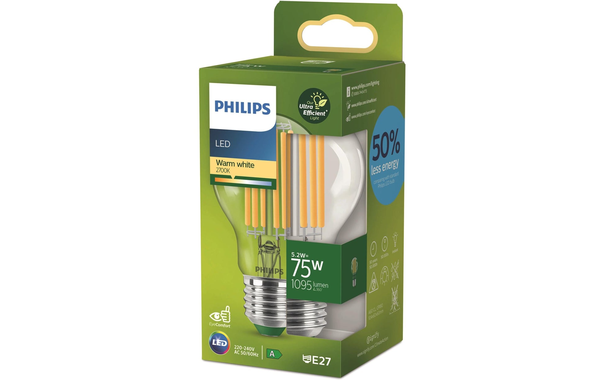 Philips by Signify Philips LED-Leuchtmittel E27 A-Form – 1095 lm, 5,2 W, Warmweiss 2700 K, 300° – 1 Stk. – Klar, Glas