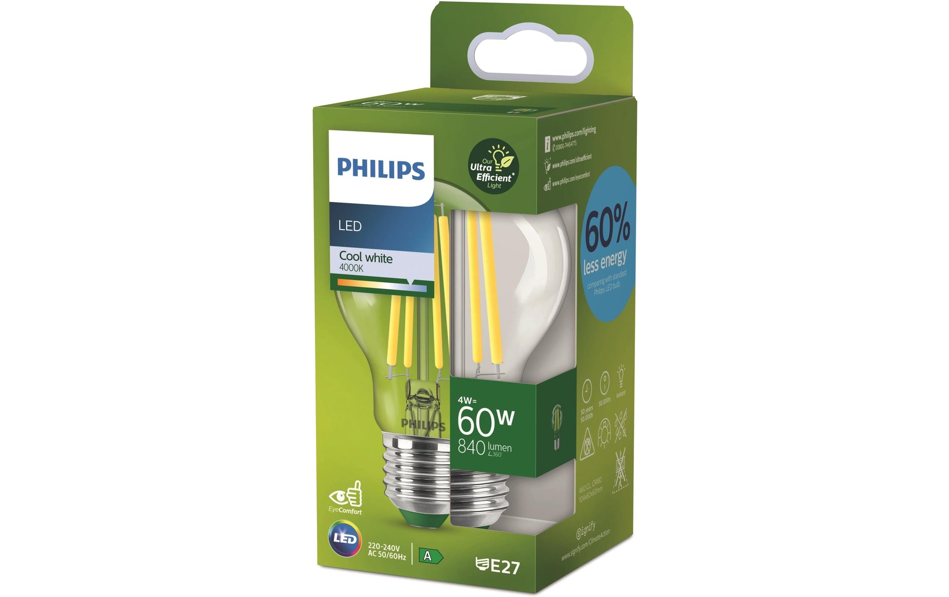 Philips by Signify Philips LED-Leuchtmittel E27 A-Form – 840 lm, 4 W, Neutralweiss 4000 K, 300° – 1 Stk., Transparent, Glas