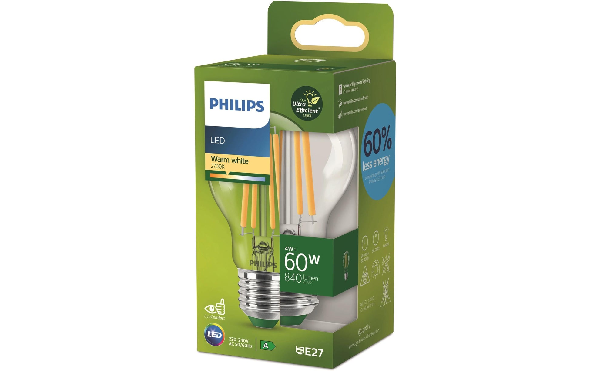 Philips by Signify Philips LED-Leuchtmittel E27 A-Form – 840 lm, 4 W, Warmweiss 2700 K – Transparent, 1 Stk.