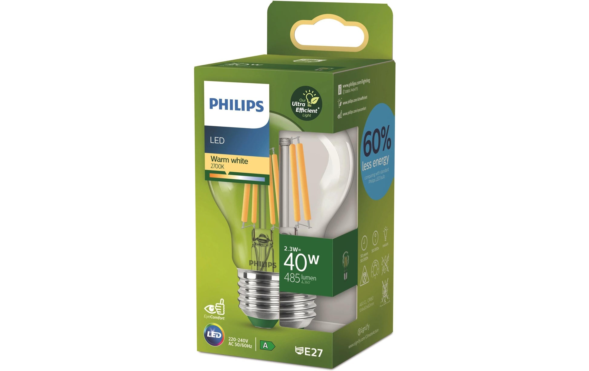 Philips by Signify Philips LED-Leuchtmittel E27 A60 – Warmweiss 2700 K, 485 lm, 2,3 W – 1 Stk., Klar, Glas