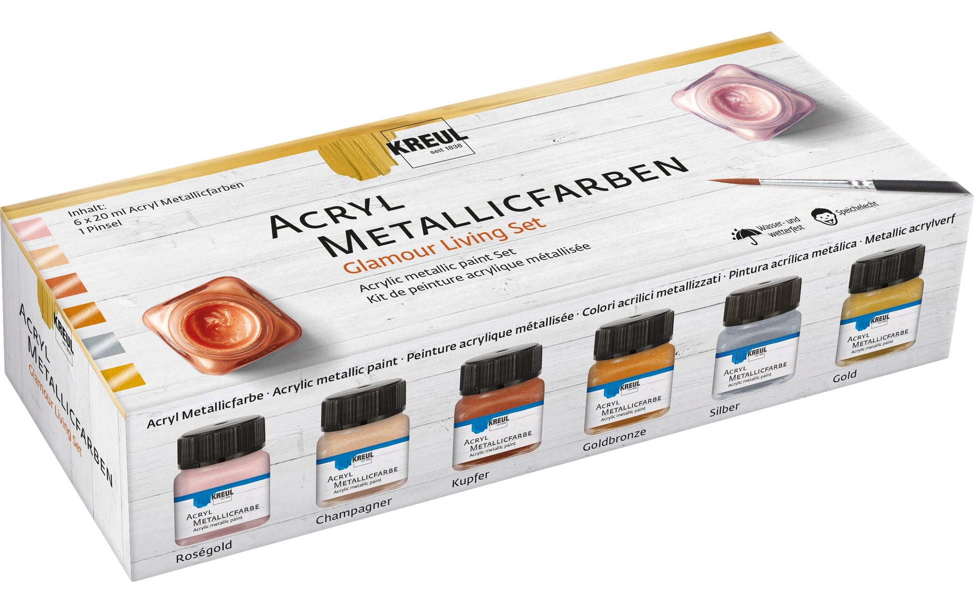 KREUL Acrylfarbe – Gold/Silber/Goldbronze/Kupfer/Champagner/Roségold – 6 Farben (6×20 ml, 120 ml)