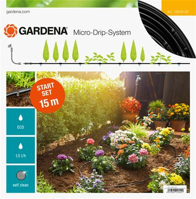 Gardena Start-Set (Micro-Drip-System) – Schlauch 15 m, Schwarz, für Pflanzreihen S