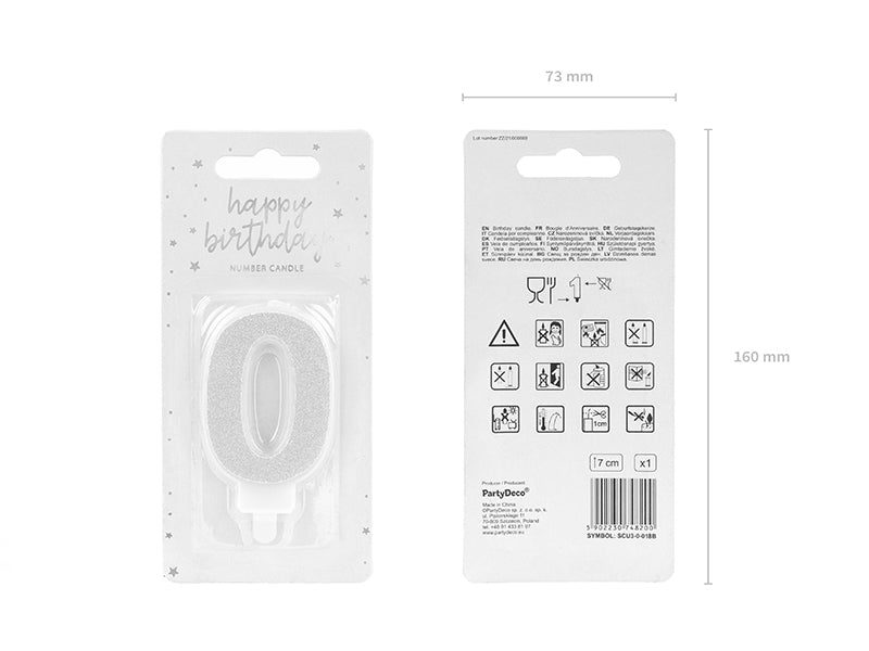 PartyDeco Geburtstagskerzen Zahl 0 – Silber – 7 cm – 1 Stück