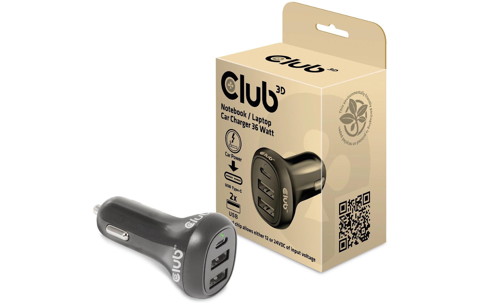 CLUB3D Club 3D CAC-1921 Auto-Ladegerät 36 W – USB-C×1, USB-A×2 – 12–24 V – Schwarz