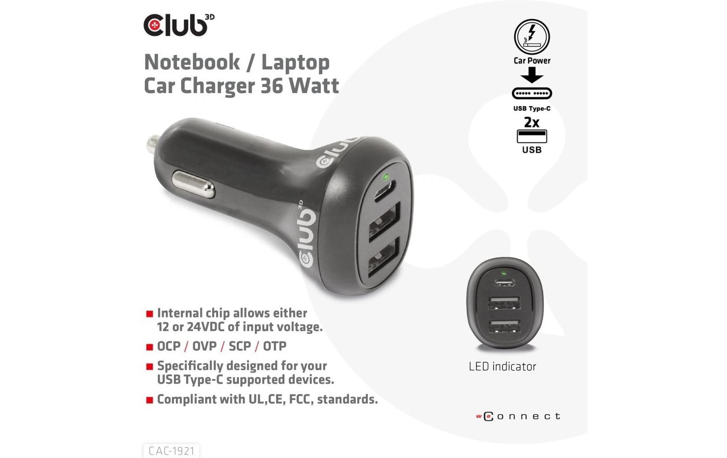 CLUB3D Club 3D CAC-1921 Auto-Ladegerät 36 W – USB-C×1, USB-A×2 – 12–24 V – Schwarz