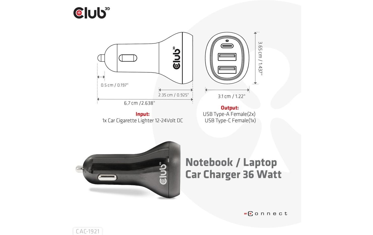 CLUB3D Club 3D CAC-1921 Auto-Ladegerät 36 W – USB-C×1, USB-A×2 – 12–24 V – Schwarz