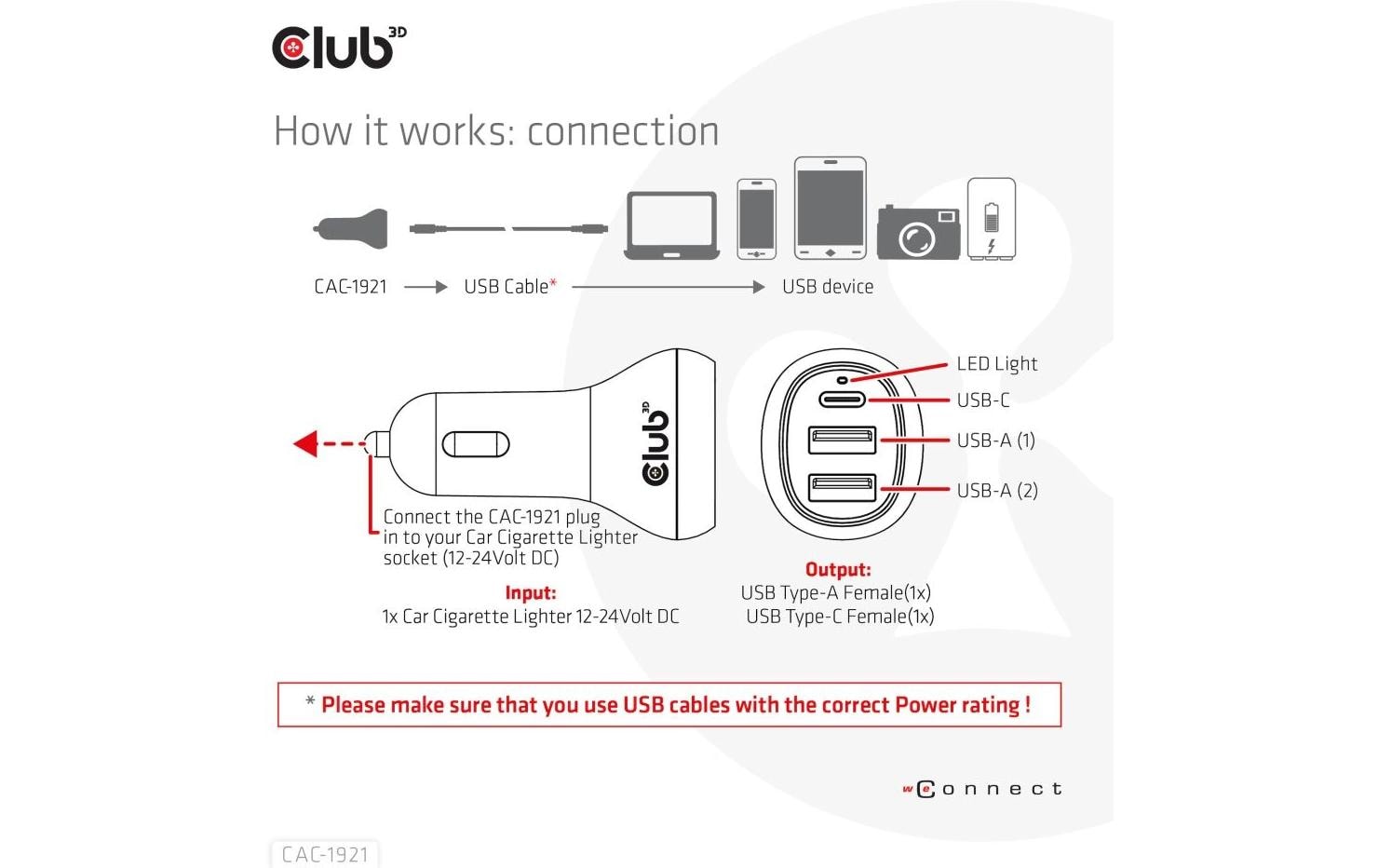 CLUB3D Club 3D CAC-1921 Auto-Ladegerät 36 W – USB-C×1, USB-A×2 – 12–24 V – Schwarz